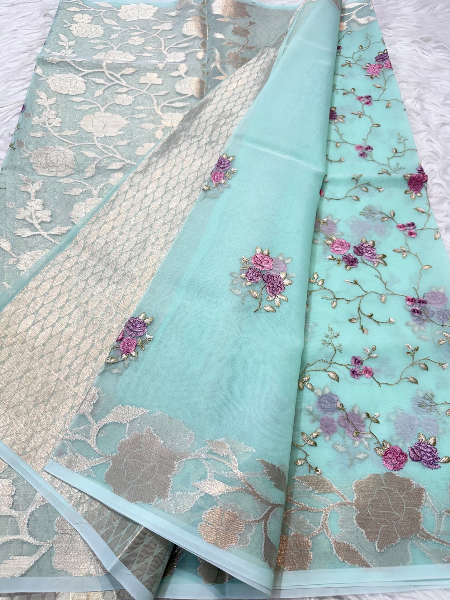 Turquoise shade kora organza embroidery Banarasi saree