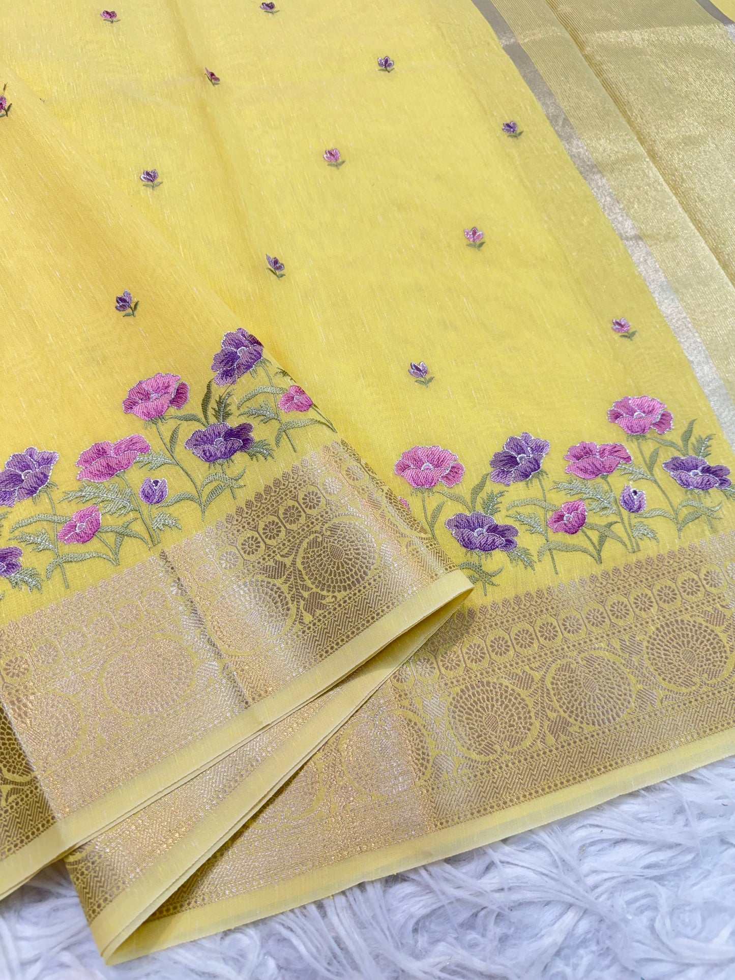 Yellow shade linen embroidery Banarasi saree