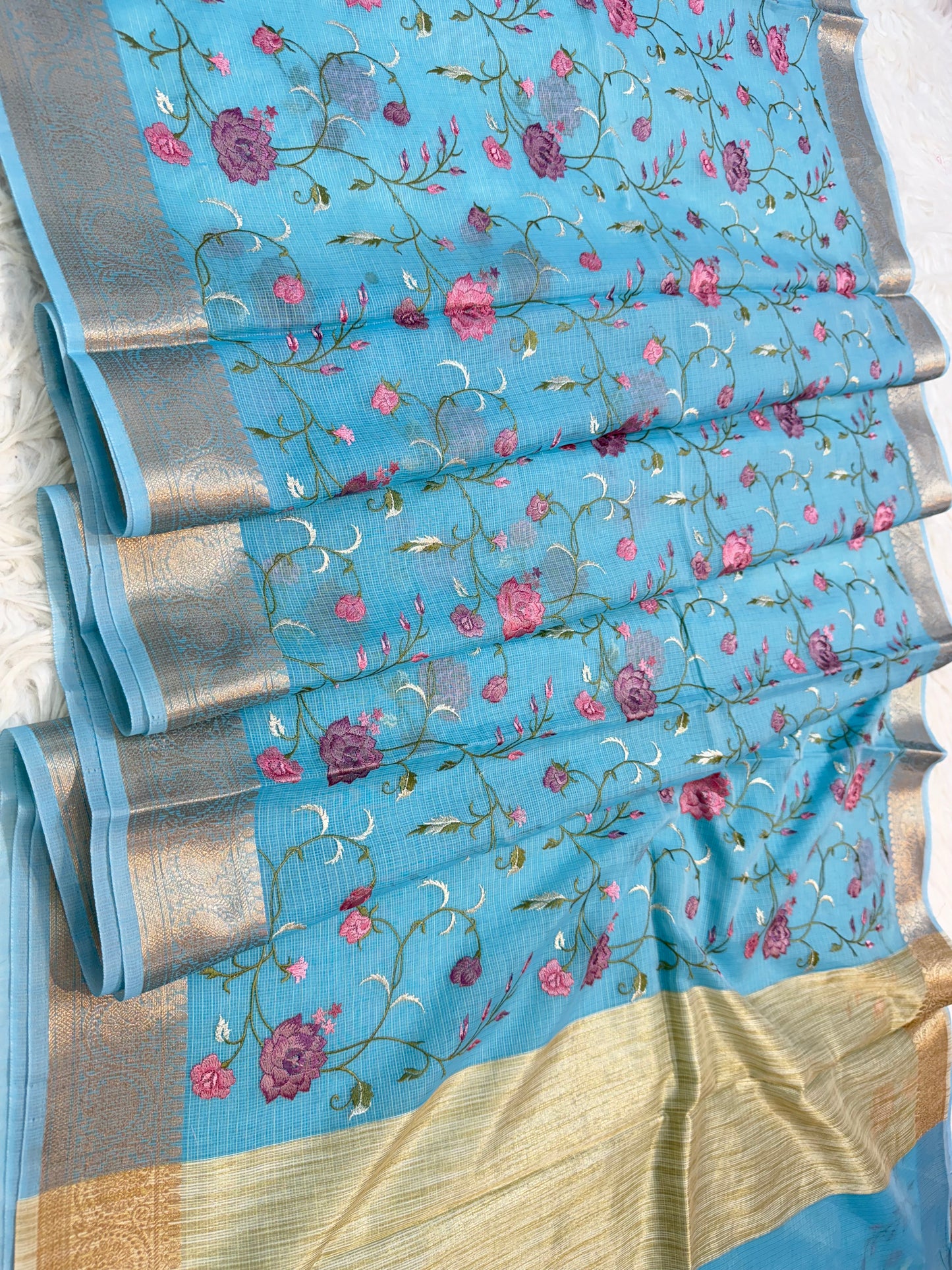 Sky blue shade kota embroidery Banarasi saree