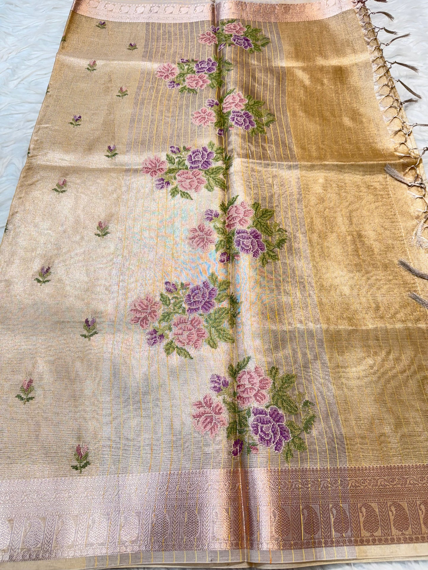 Gold shade tissue kota embroidery primum Banarasi saree