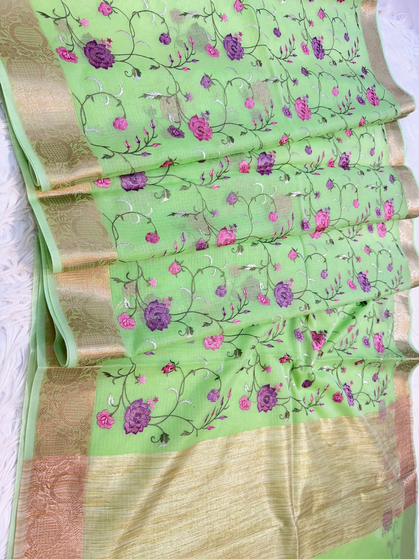 Pista green shade kota embroidery Banarasi saree