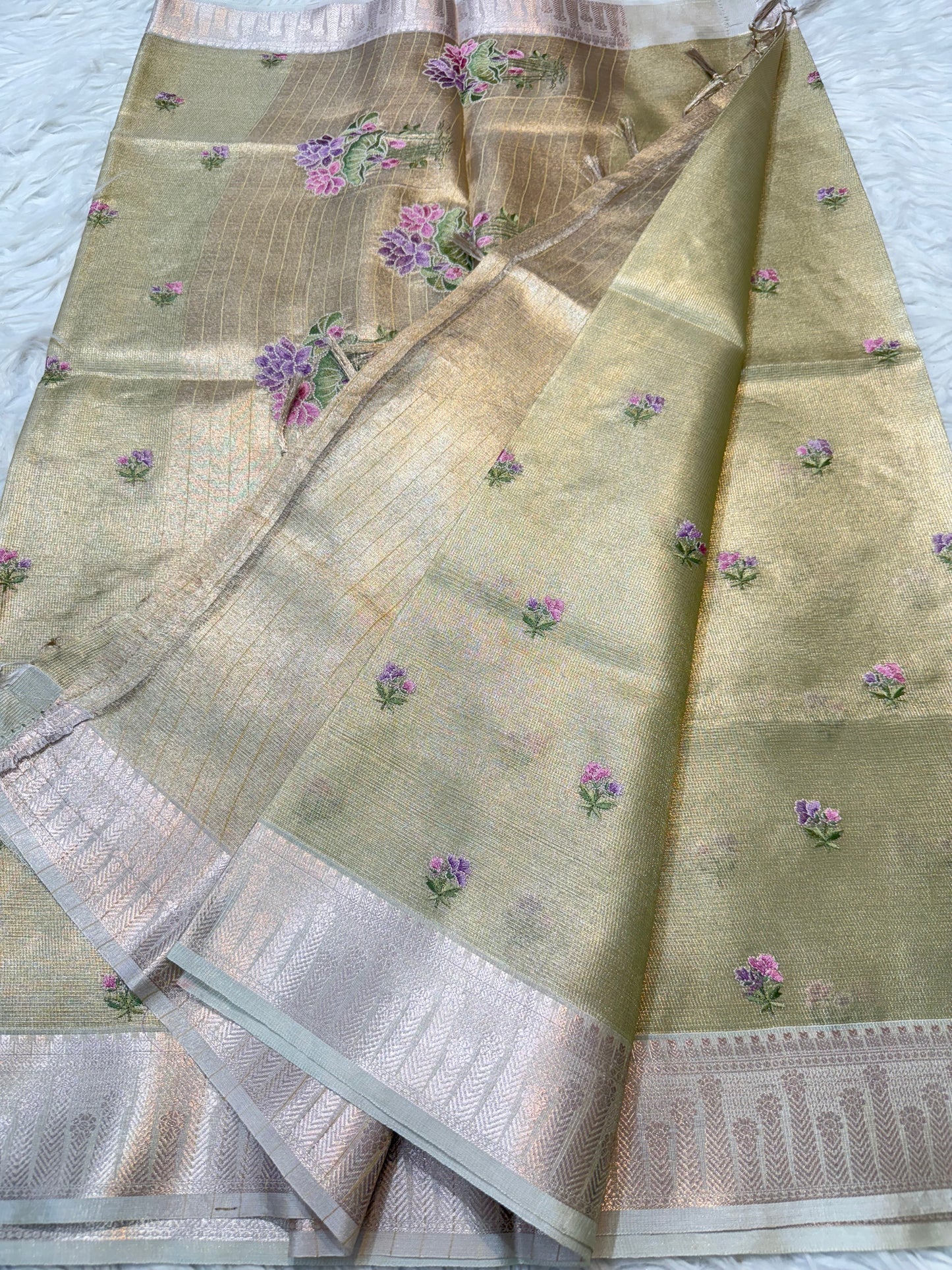 Pista green shade tissue kota embroidery primum Banarasi saree