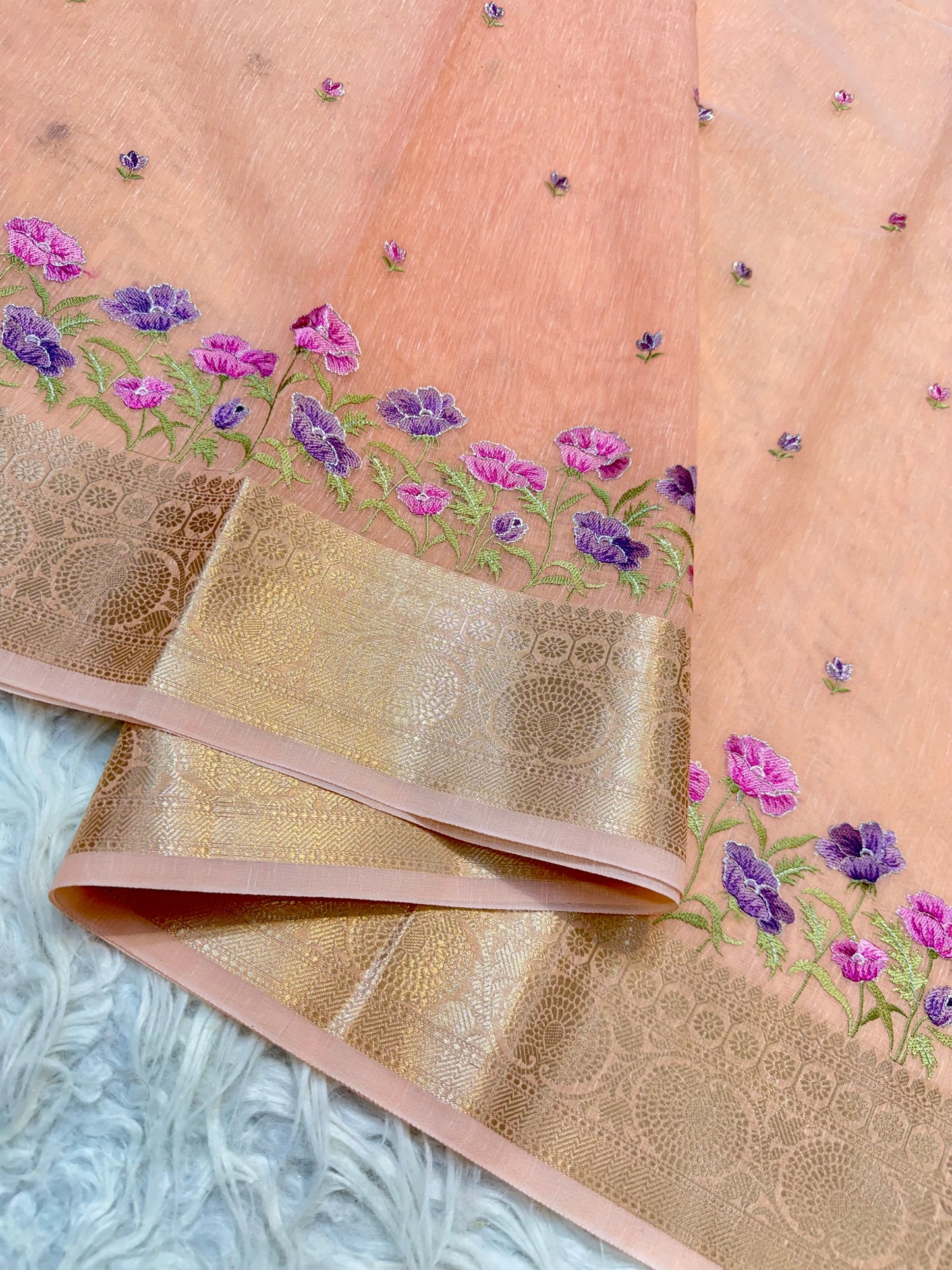 Peach shade linen embroidery Banarasi saree
