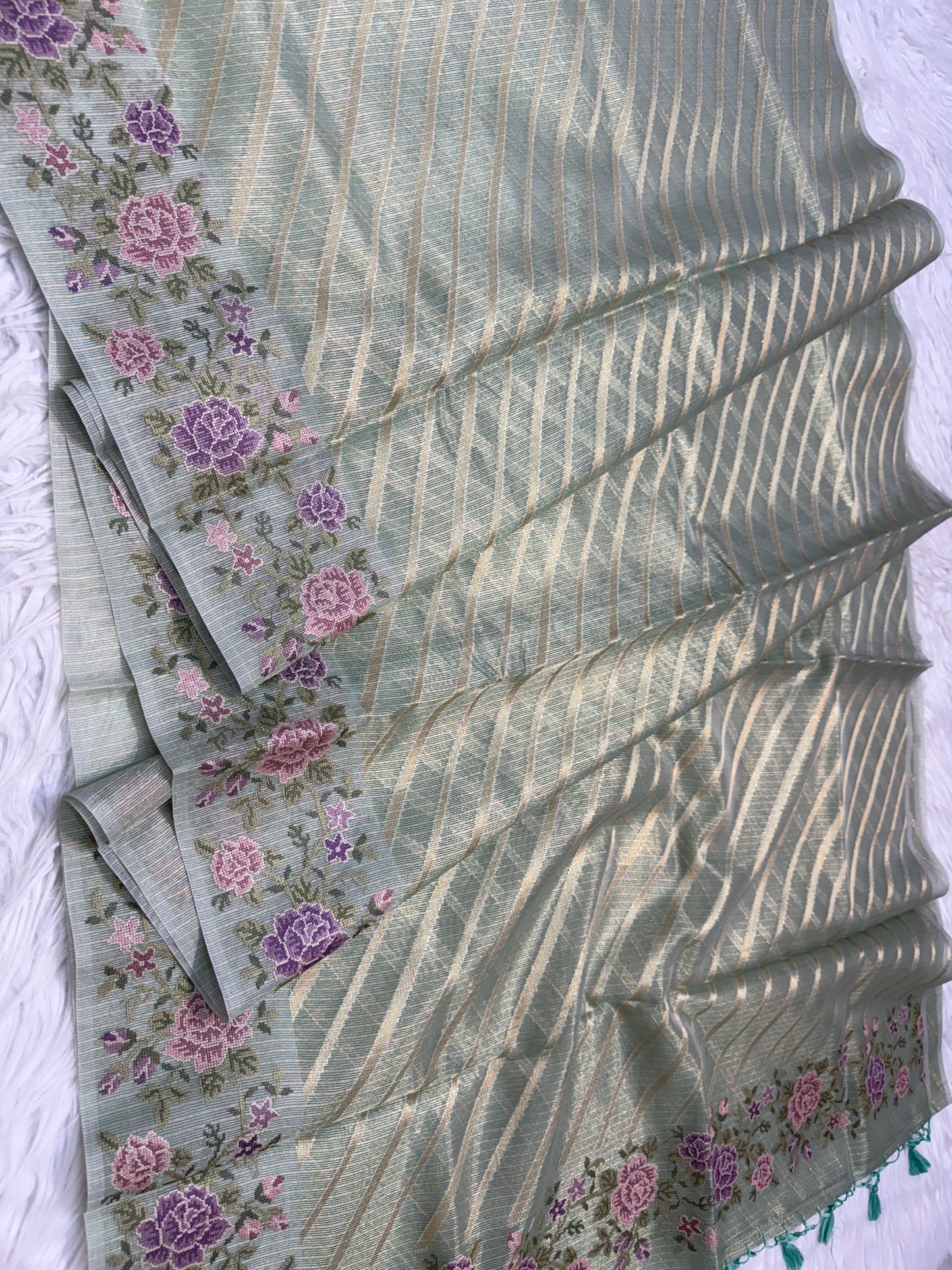 Pista green shade tissue kota embroidery primum Banarasi saree