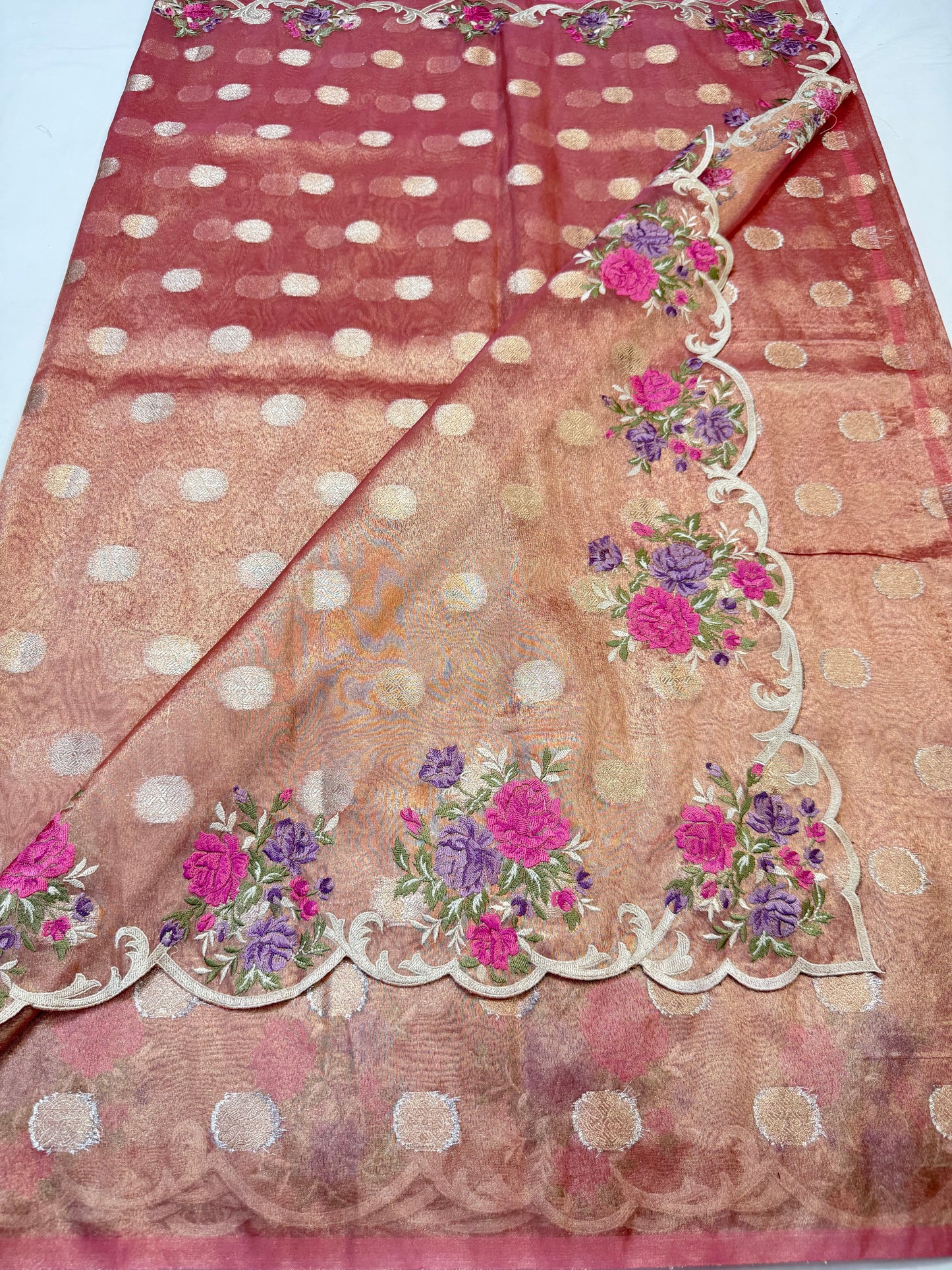 Pink tissue cutwork embroidery premium designer Banarasi saree