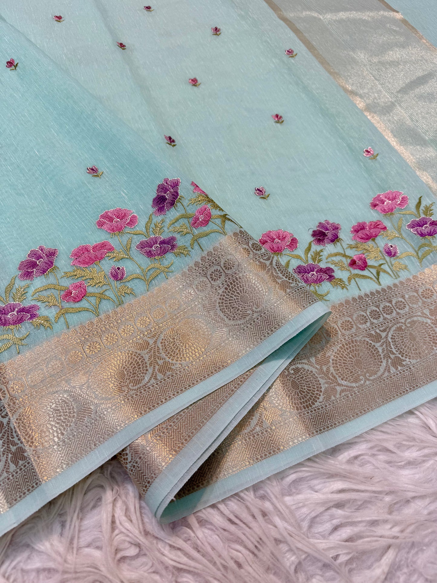 Turquoise shade linen embroidery Banarasi saree