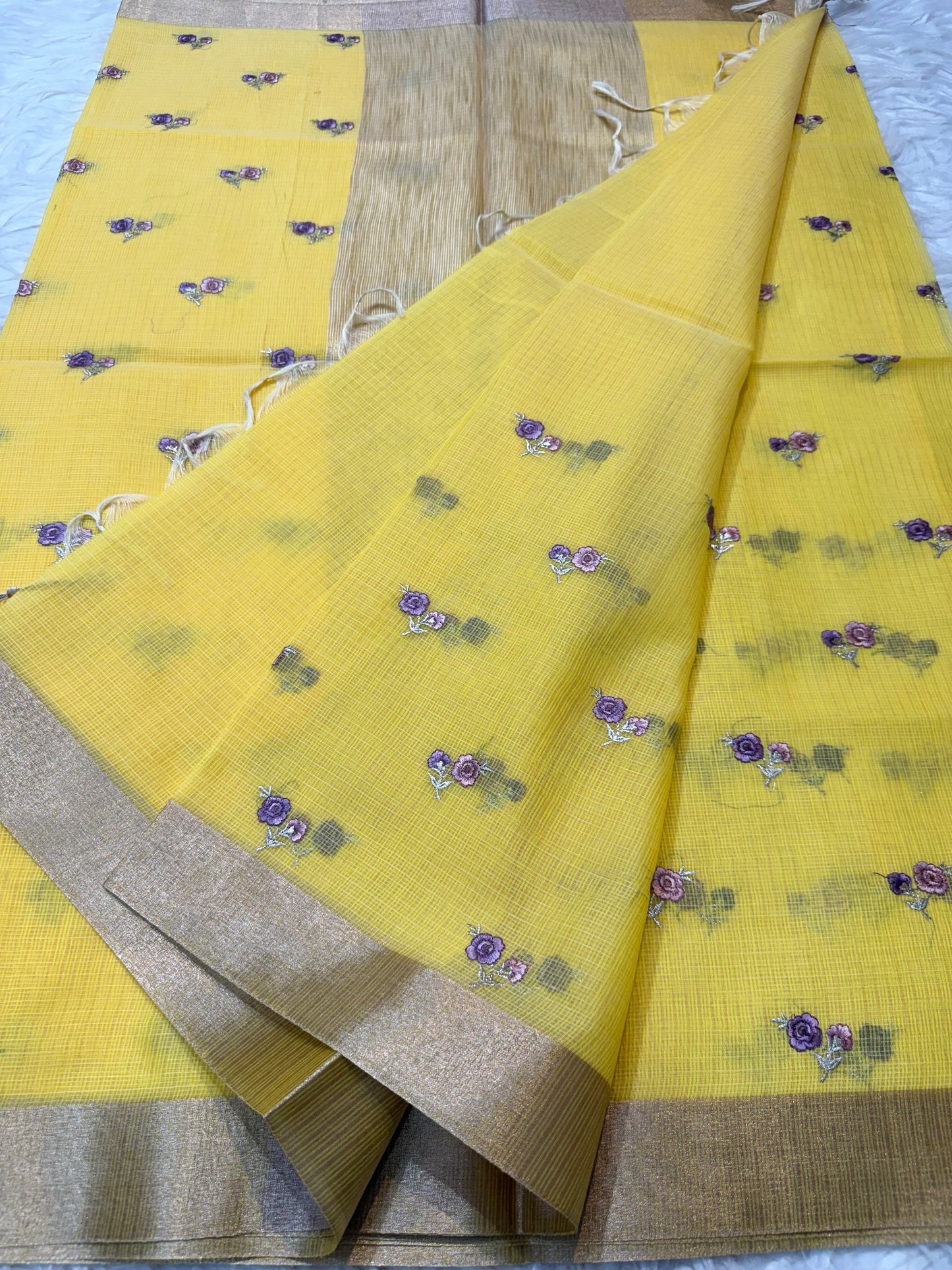 Yellow shade cotton kota embroidery Banarasi saree