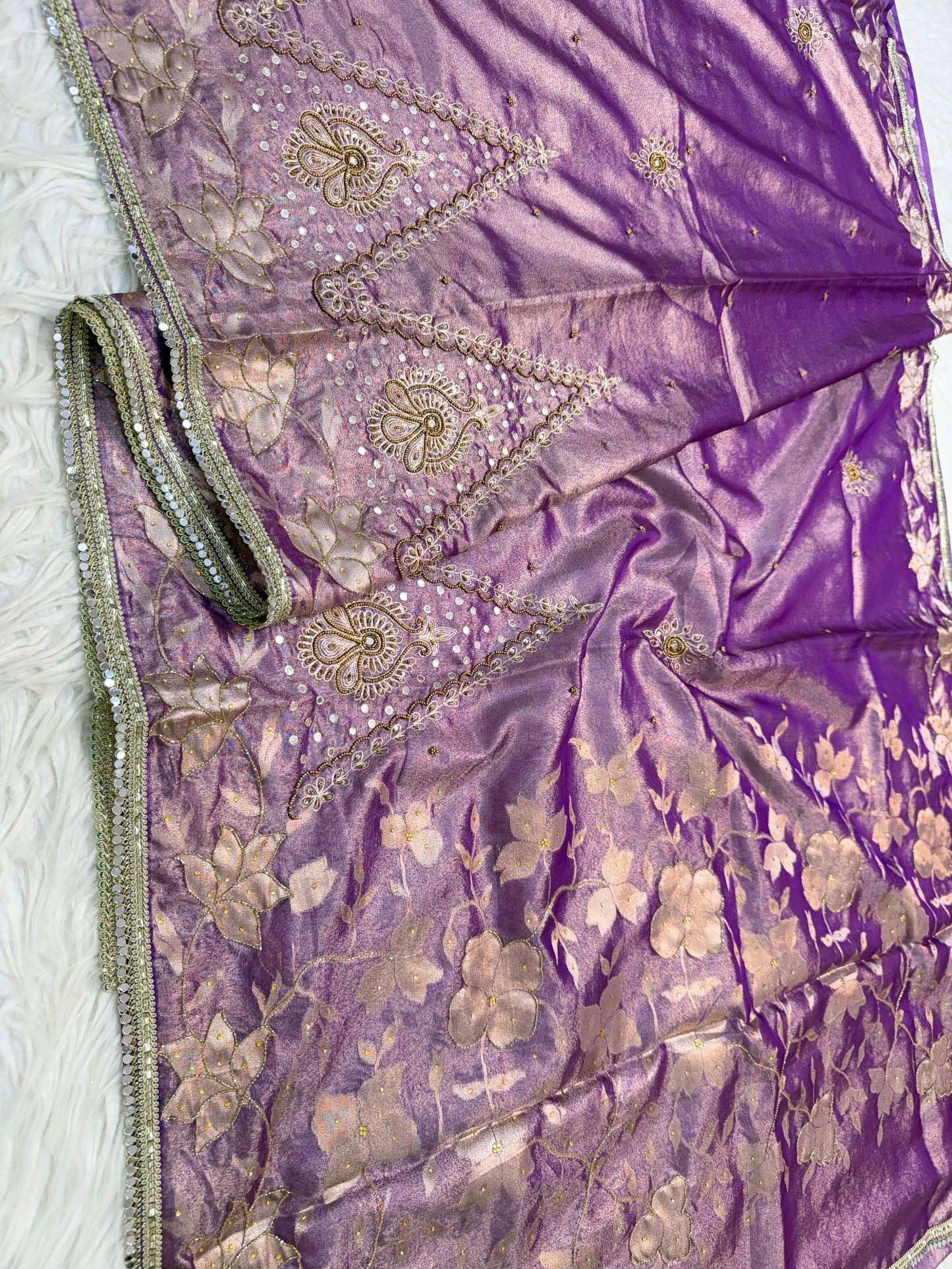 Purple shade tissue ari & zardosi work designer premium Banarasi saree