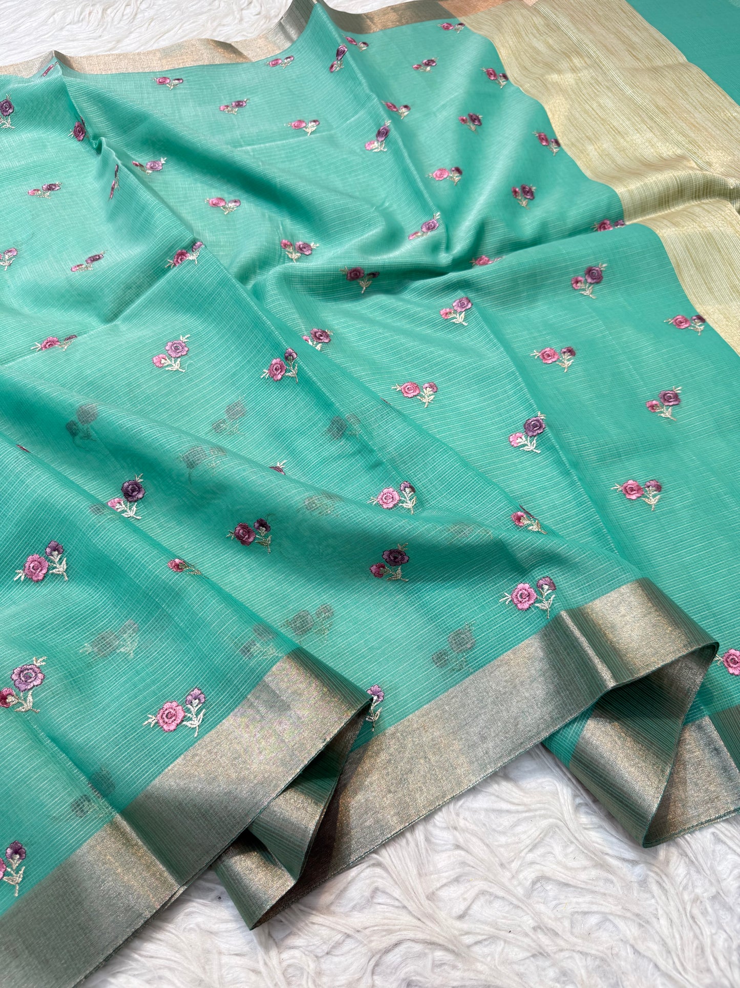 Sea green shade cotton kota embroidery Banarasi saree