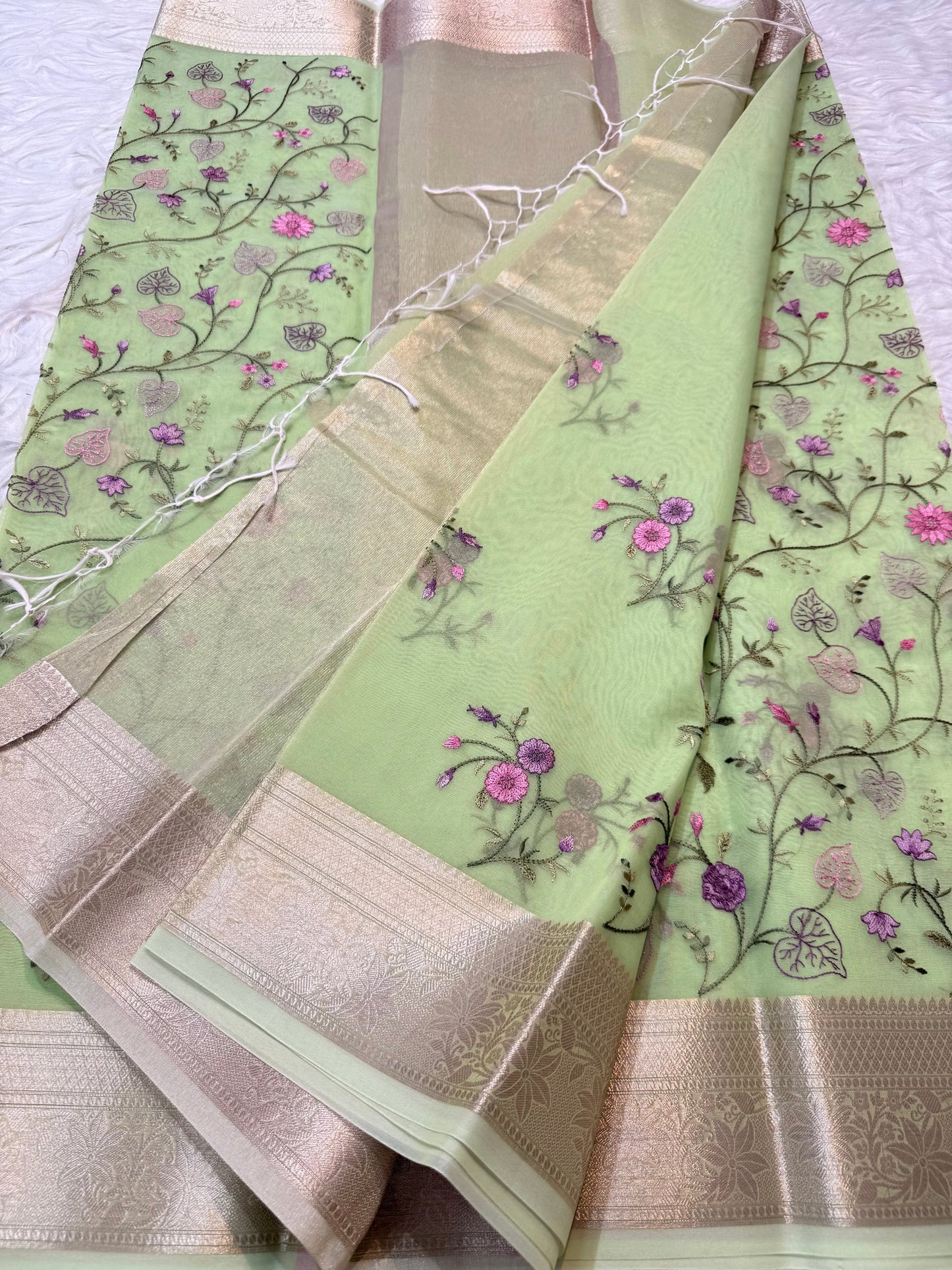 Pista green shade organza embroidery Banarasi saree
