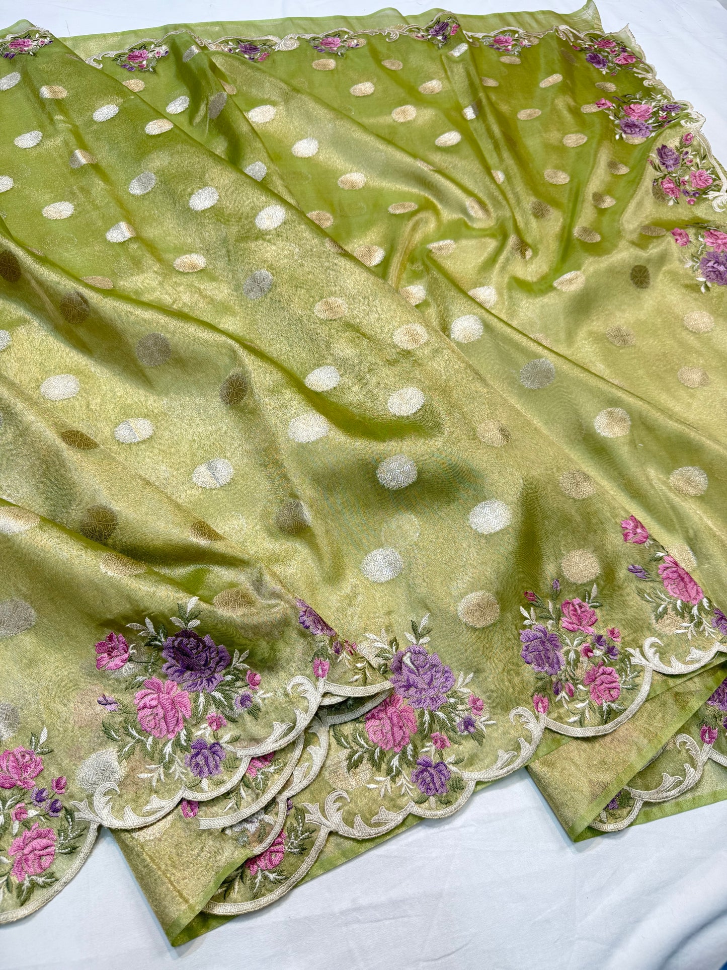 Pista green tissue cutwork embroidery premium designer Banarasi saree