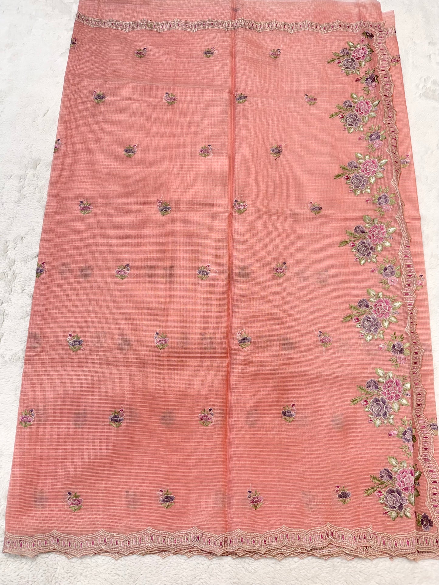 Peach shade cotton kota designer embroidery premium Banarasi saree