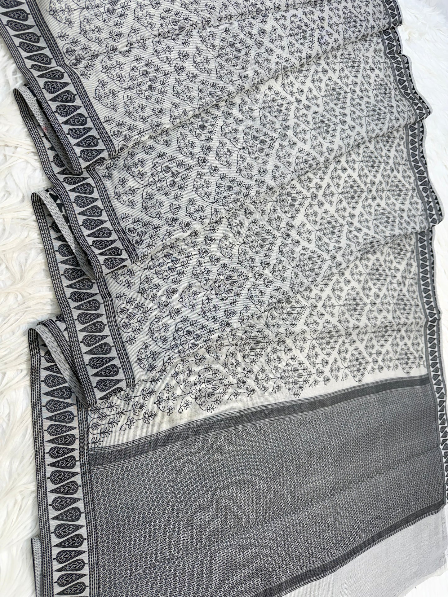 Grey shade cotton kota chickenkari embroidery Banarasi saree