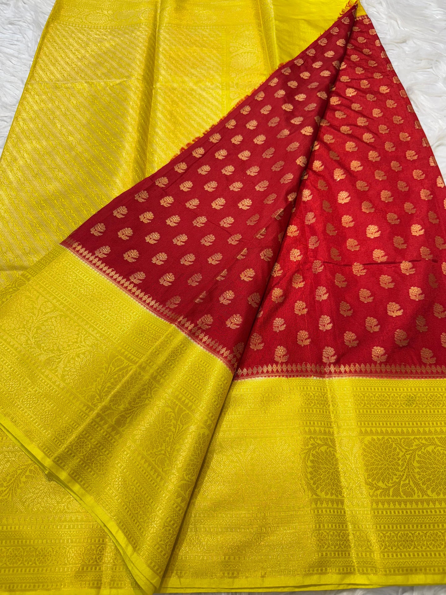 Yellow & Red Dupion Silk Banarasi Saree