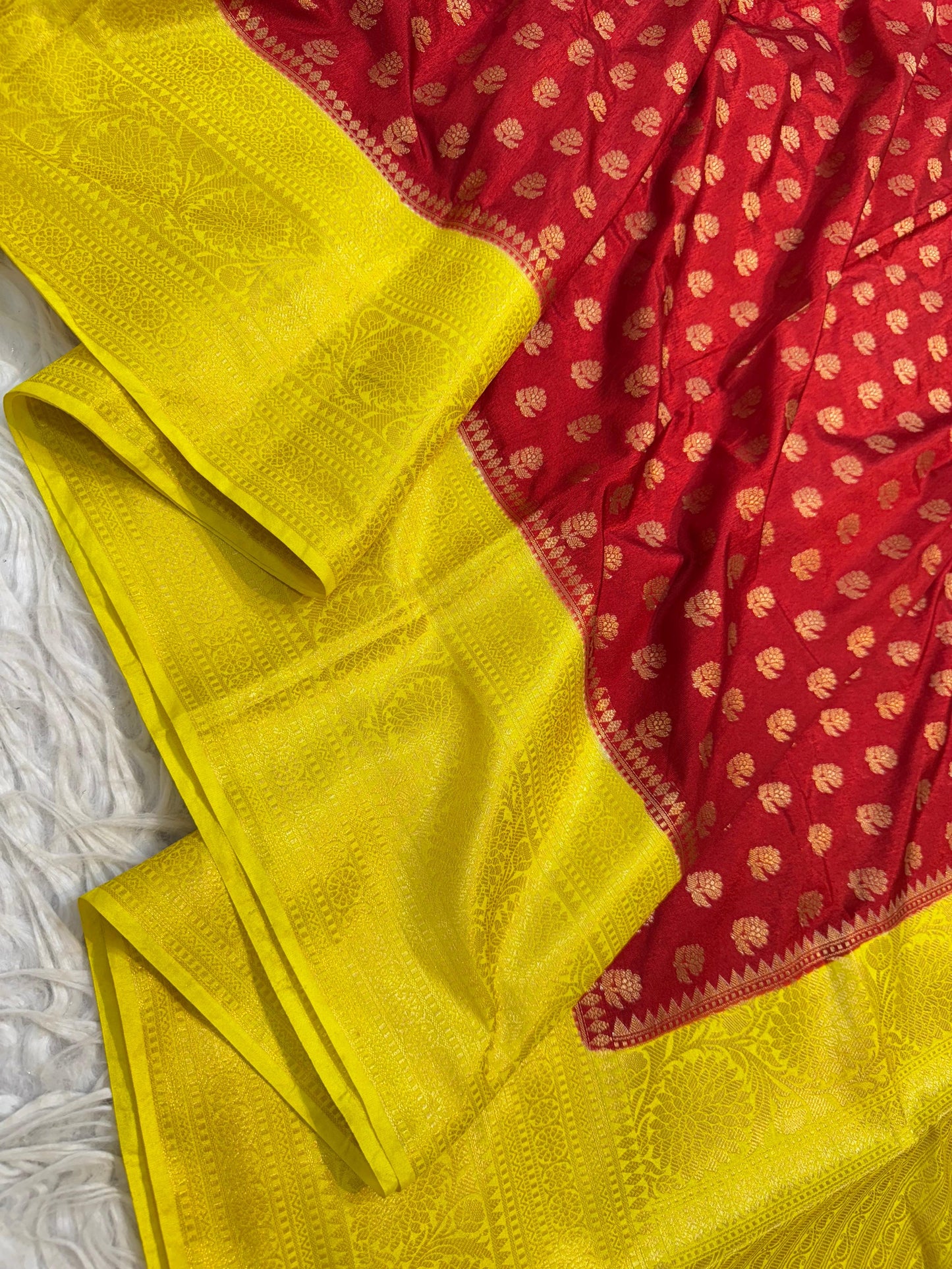 Yellow & Red Dupion Silk Banarasi Saree