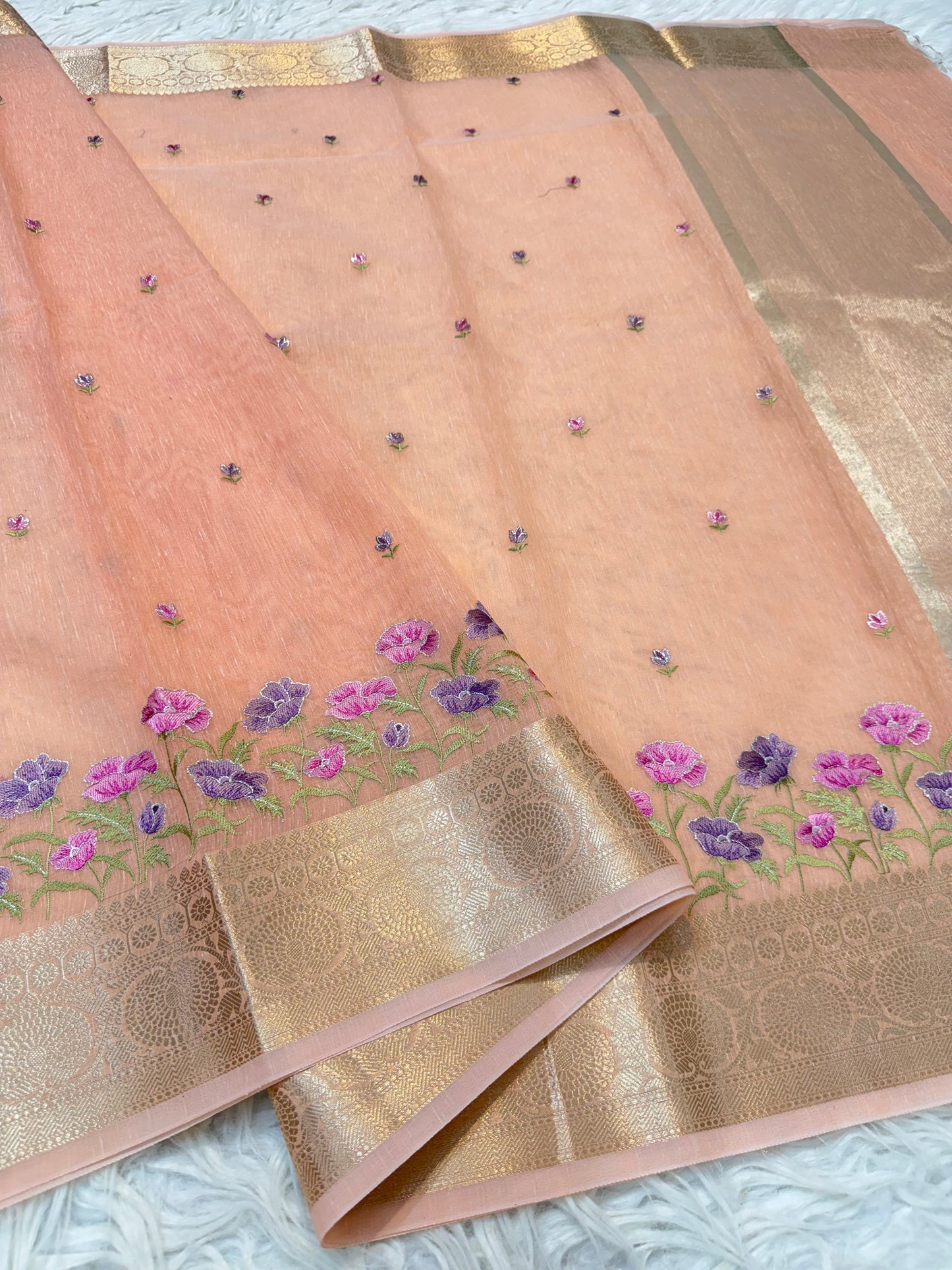 Peach shade linen embroidery Banarasi saree