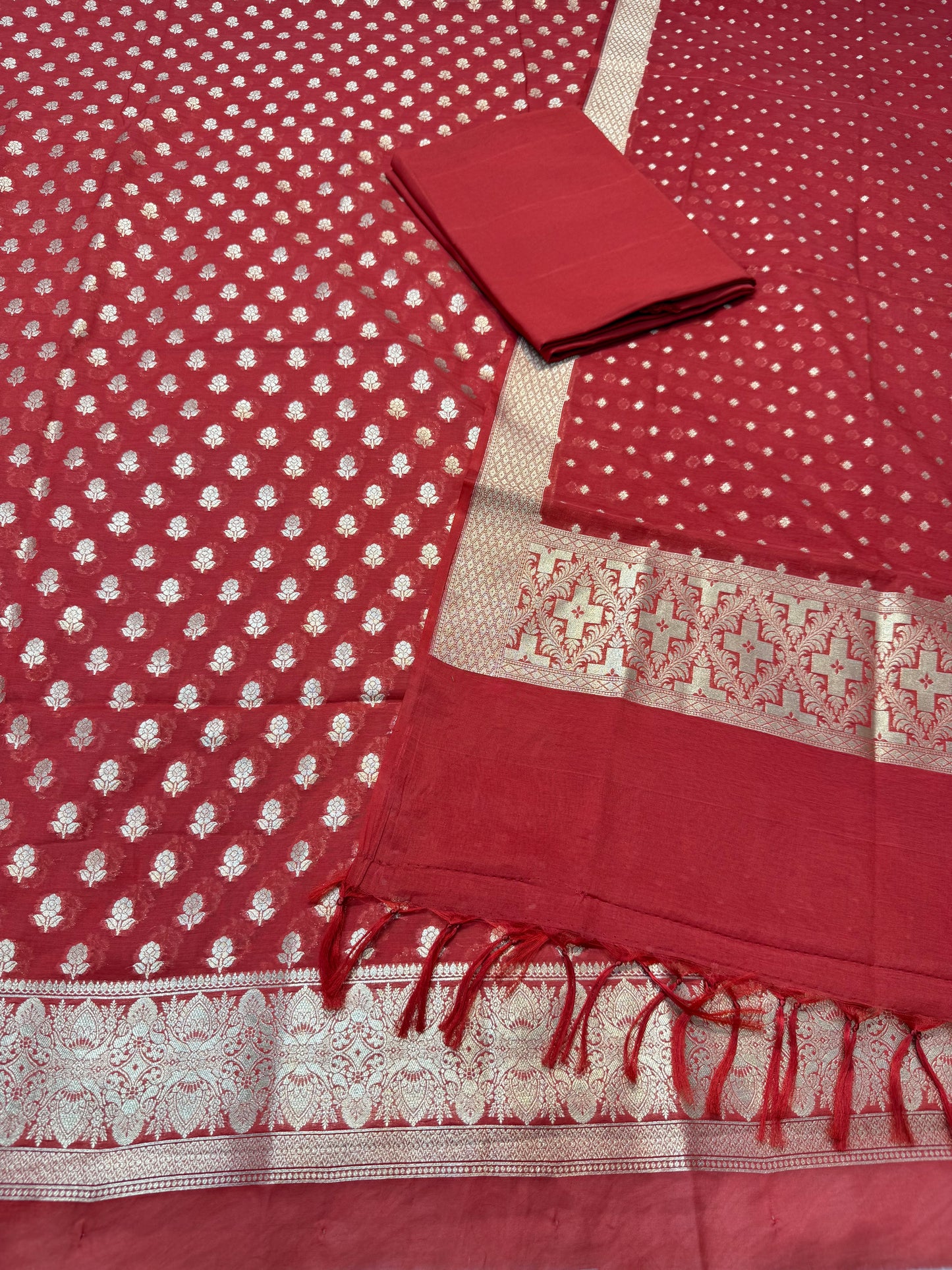 Cherry Cotton Silk Banarasi Three Piece suit