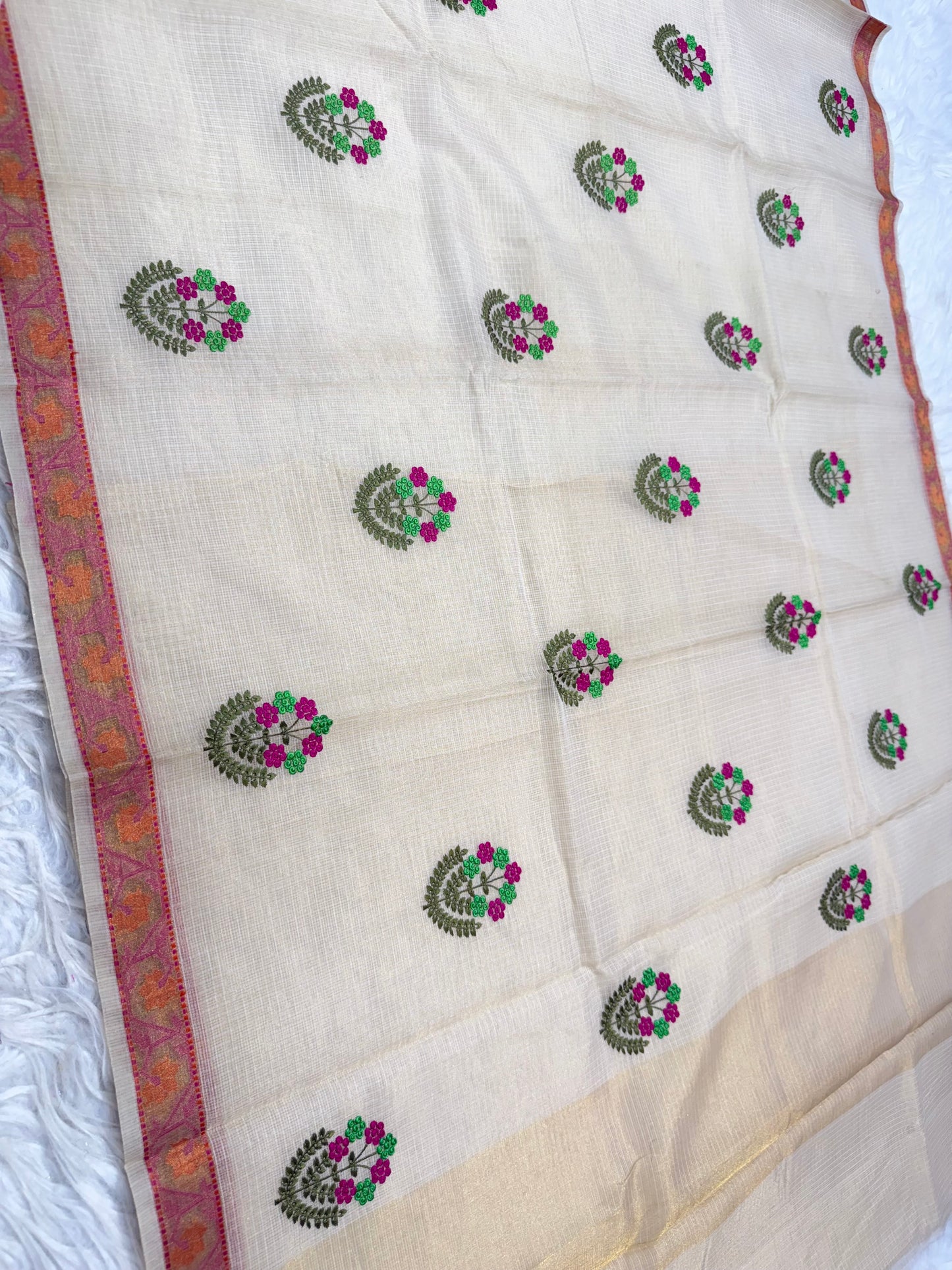 Off white shade tissue kota embroidery primum Banarasi saree