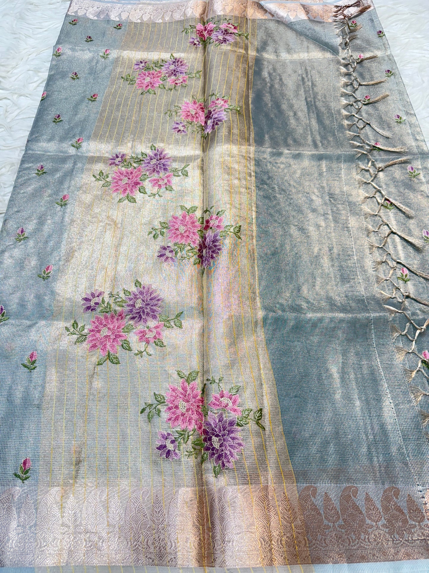 Sea green shade tissue kota embroidery primum Banarasi saree