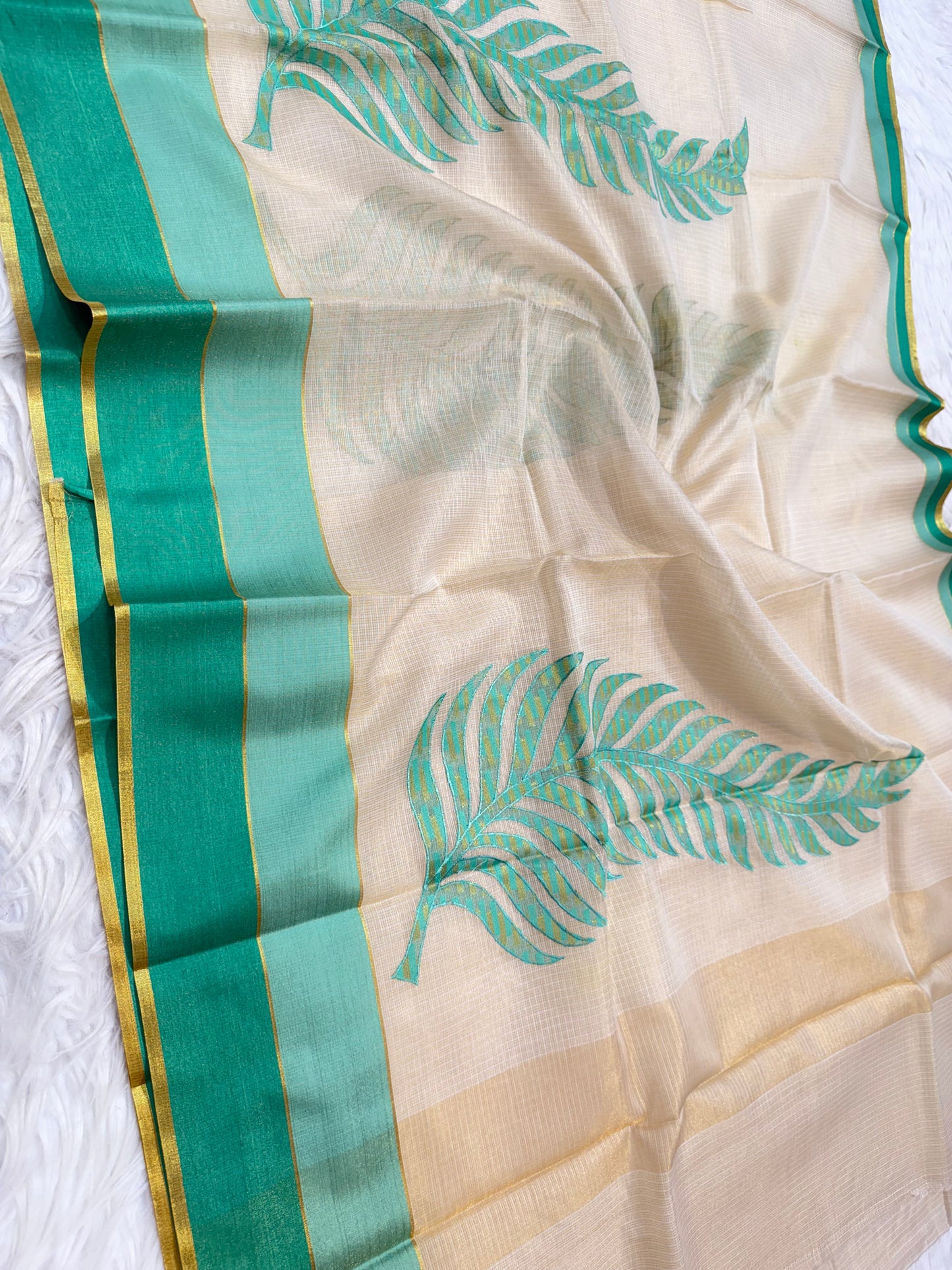 Off White Sea green parrot green shade tissue kota appliqué work Banarasi saree