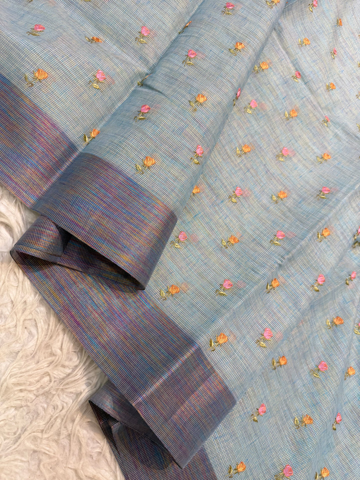 Sea green shade linen embroidery Banarasi saree