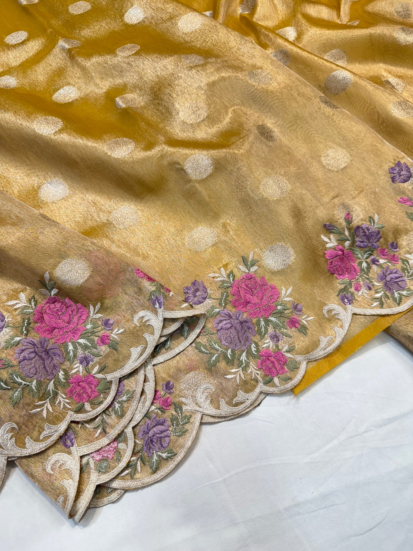 Gold tissue cutwork embroidery premium designer Banarasi saree