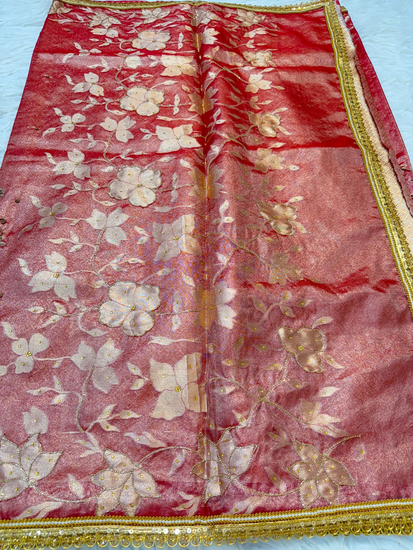 Red shade tissue ari & zardosi work designer premium Banarasi saree