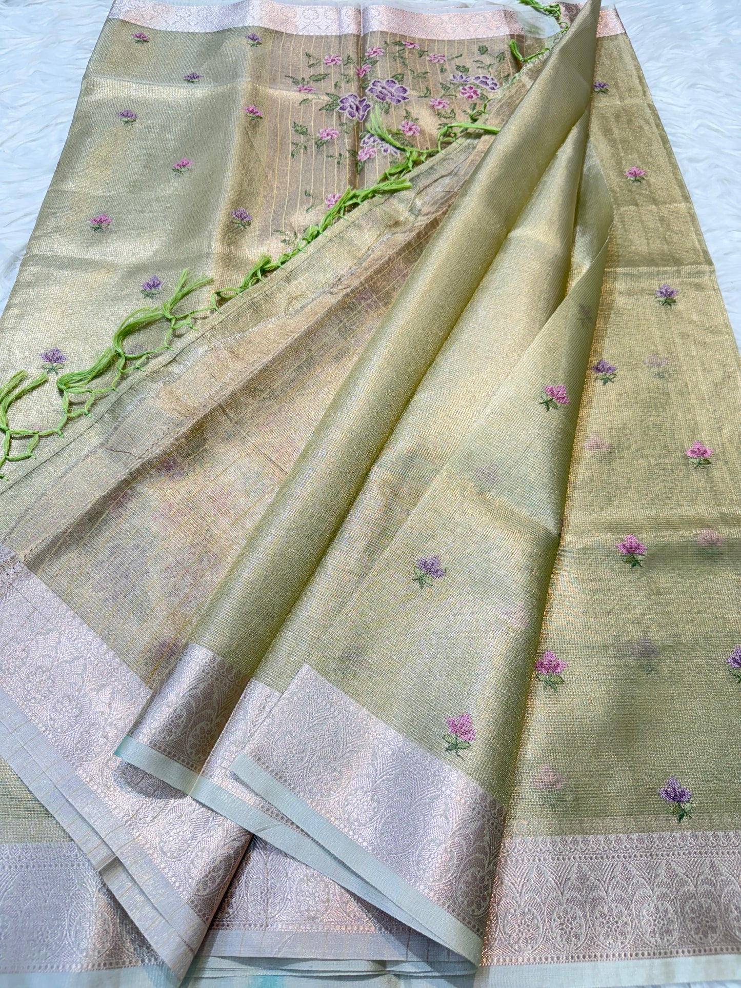 Pista green shade tissue kota embroidery primum Banarasi saree