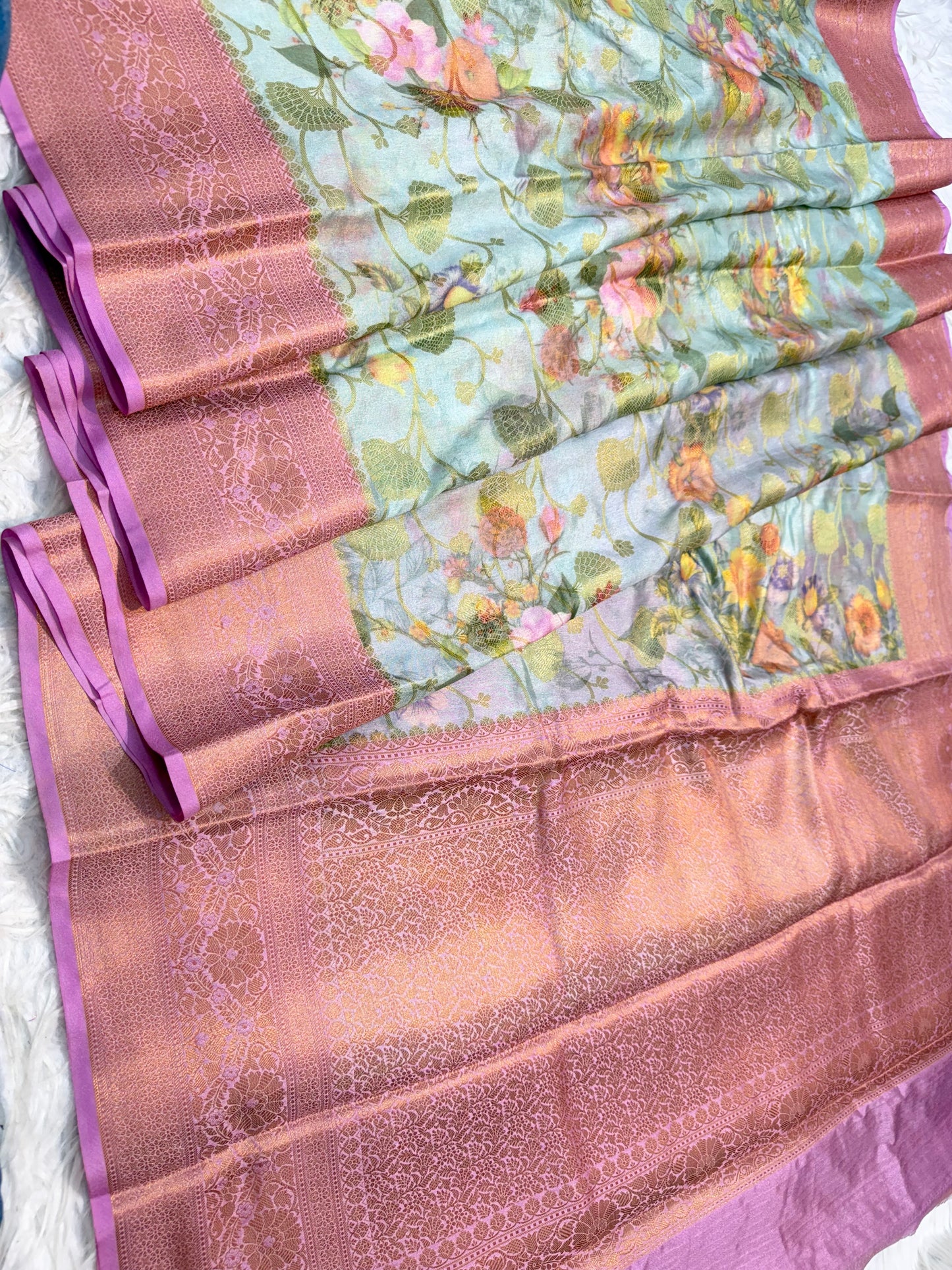 Royal pink & multicolour Dupion silk digital print Banarasi saree
