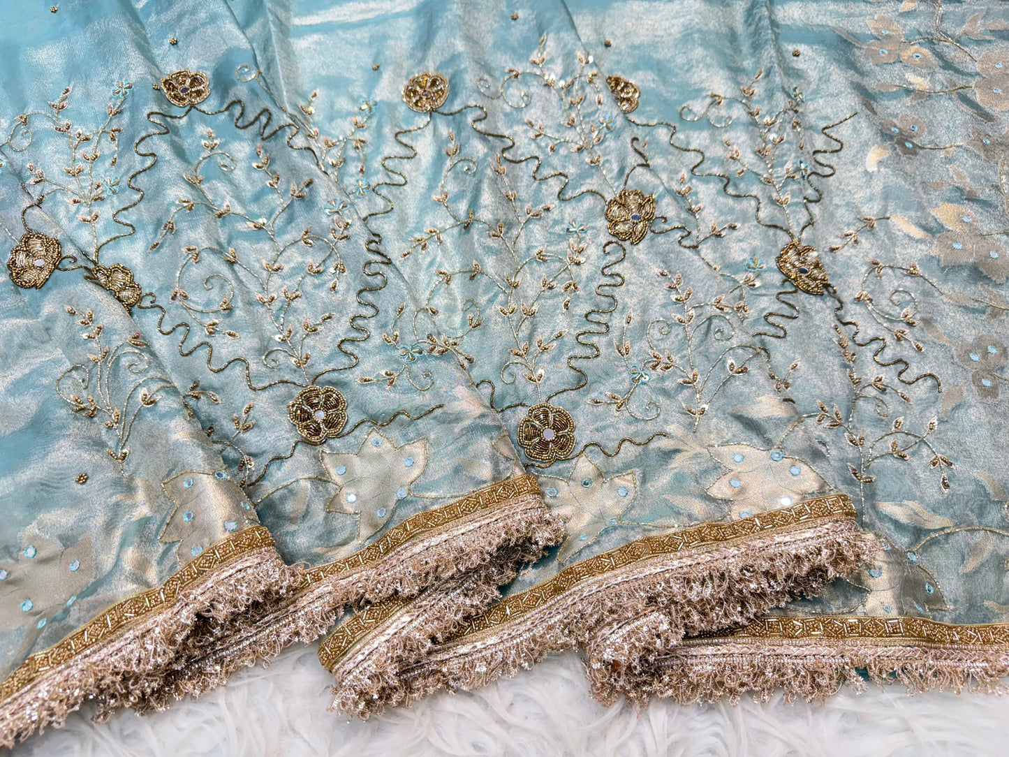 Sea green shade tissue ari & zardosi work designer premium Banarasi saree