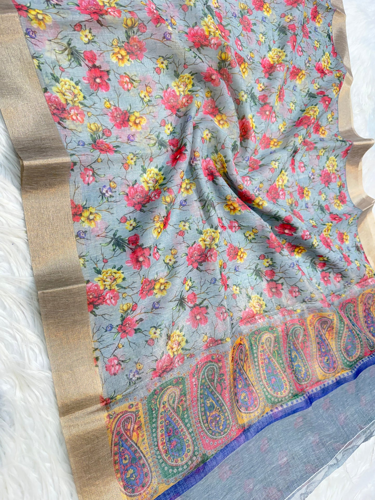 multicolour linen digital print Banarasi saree