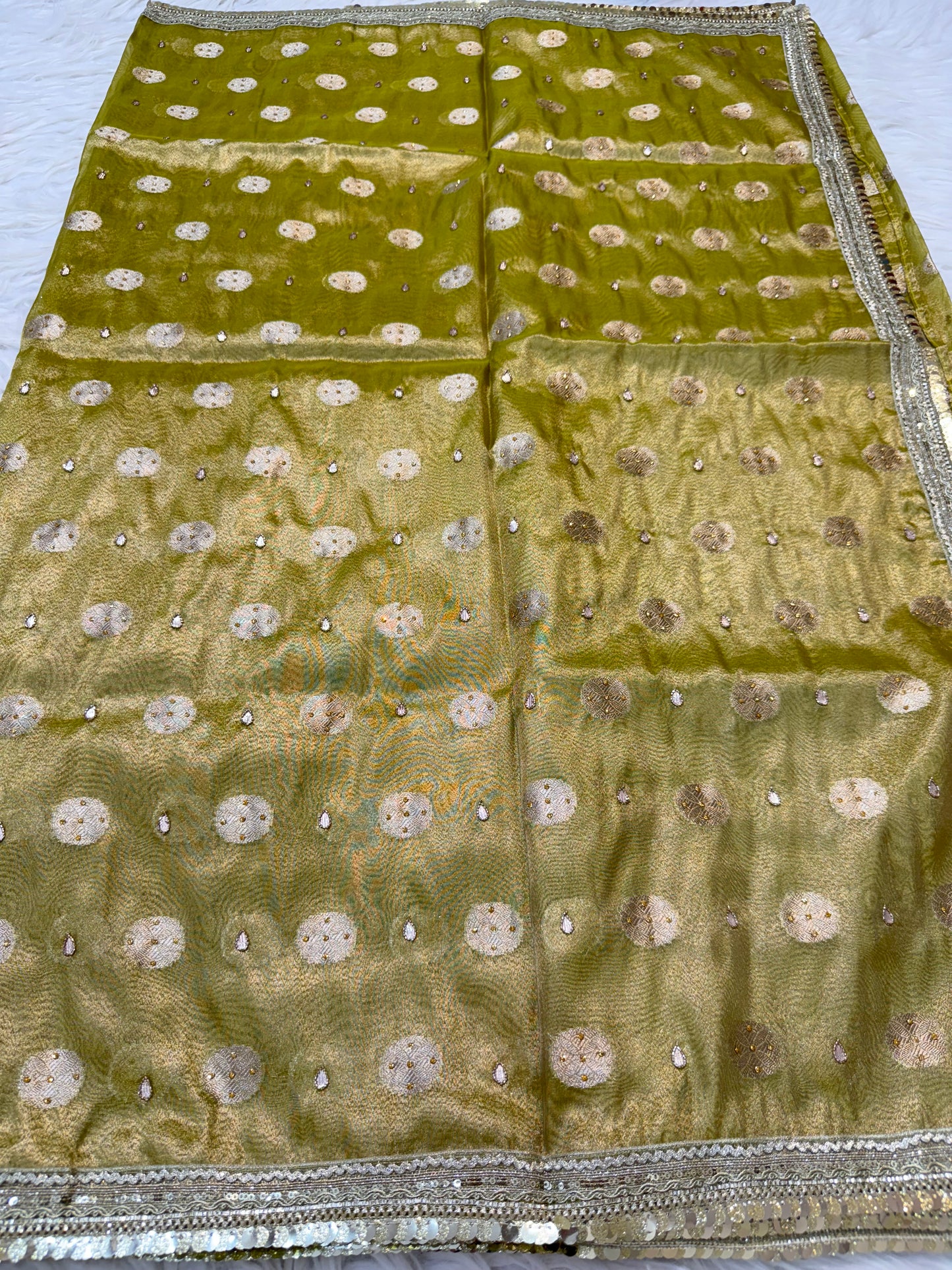 Pista green shade tissue ari & zardosi work designer premium Banarasi saree