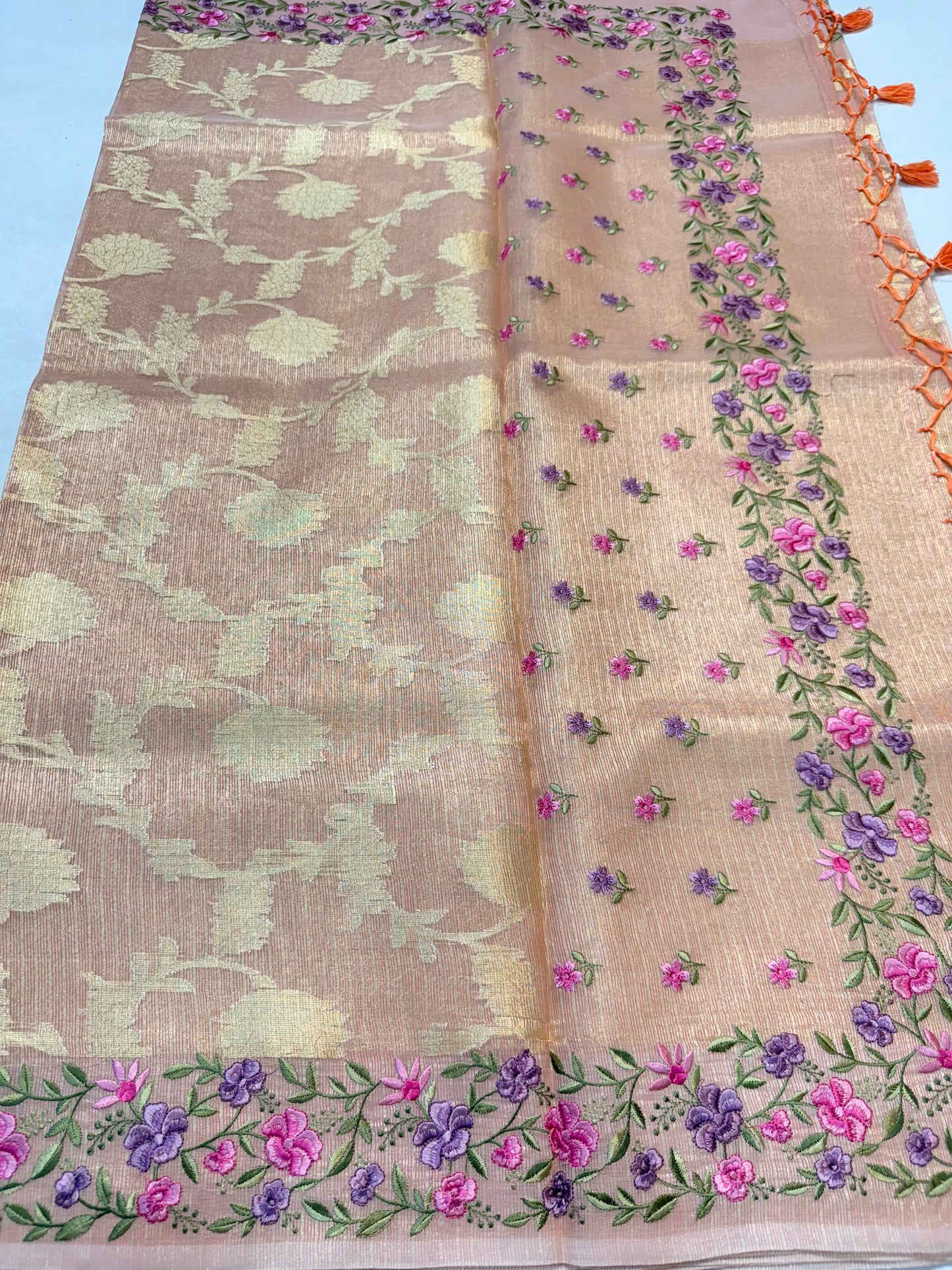Peach shade tissue kota designer embroidery premium Banarasi saree