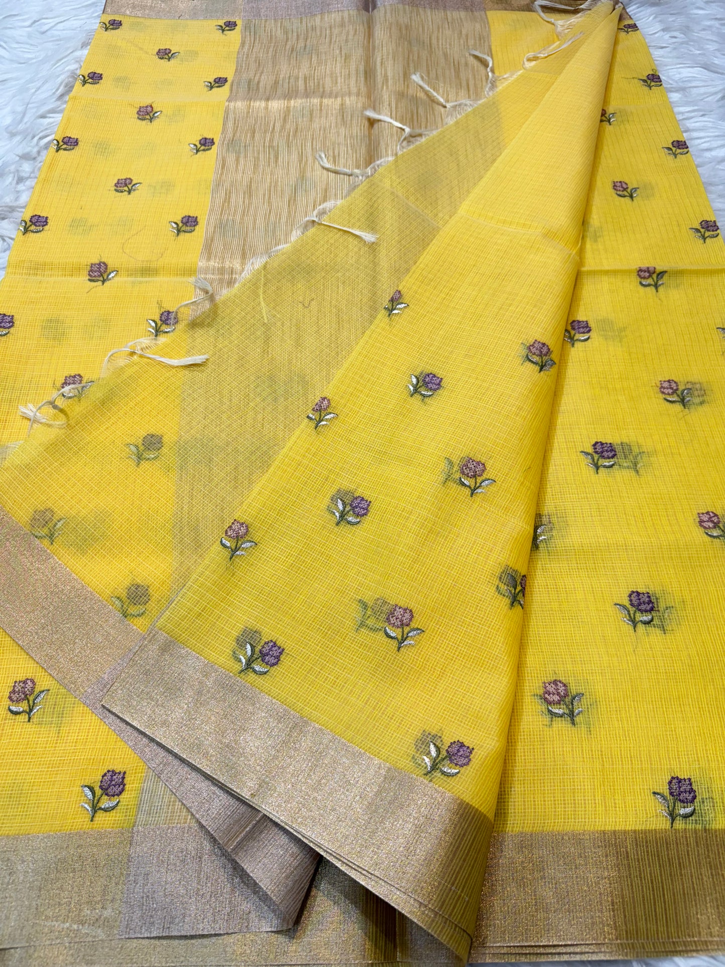 Yellow shade cotton kota embroidery Banarasi saree
