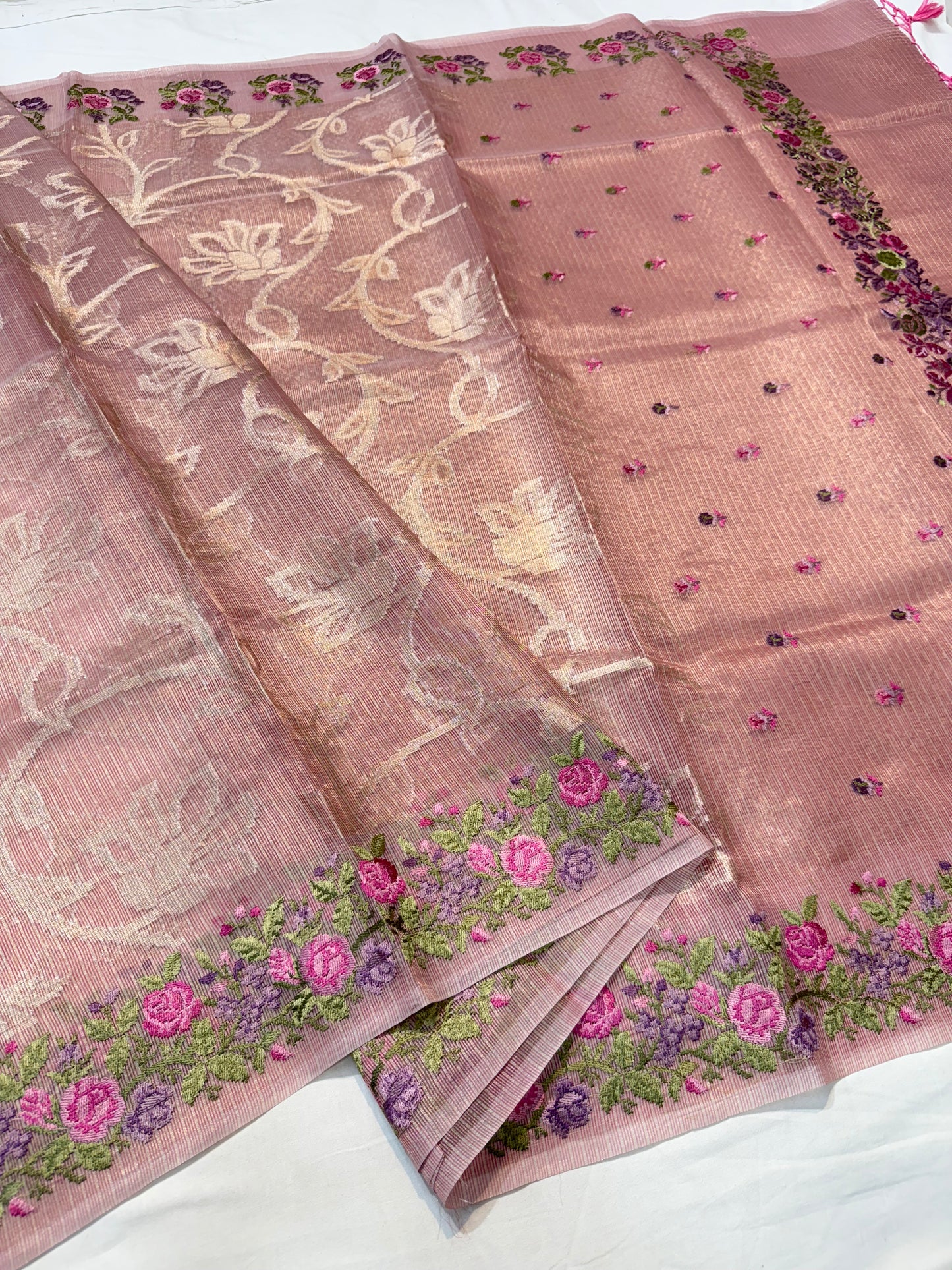 Peach shade tissue kota embroidery primum Banarasi saree