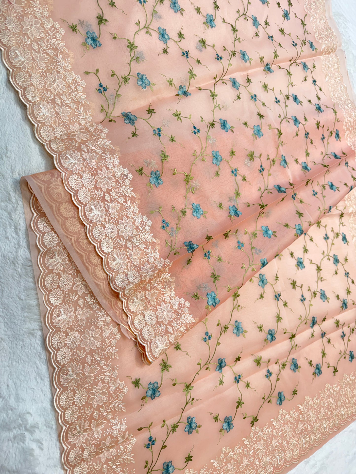 Peach shade organza designer cutwork premium embroidery Banarasi saree