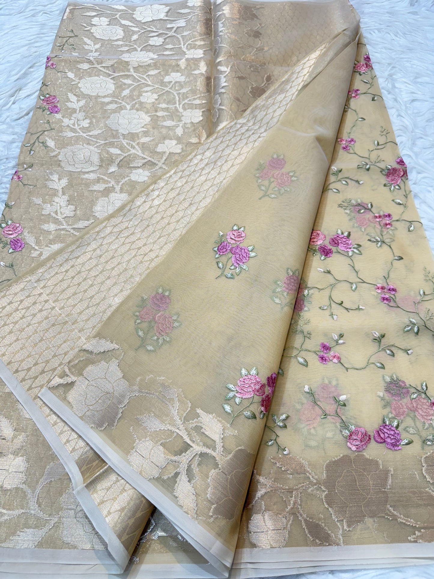 Beige green shade kora organza embroidery Banarasi saree