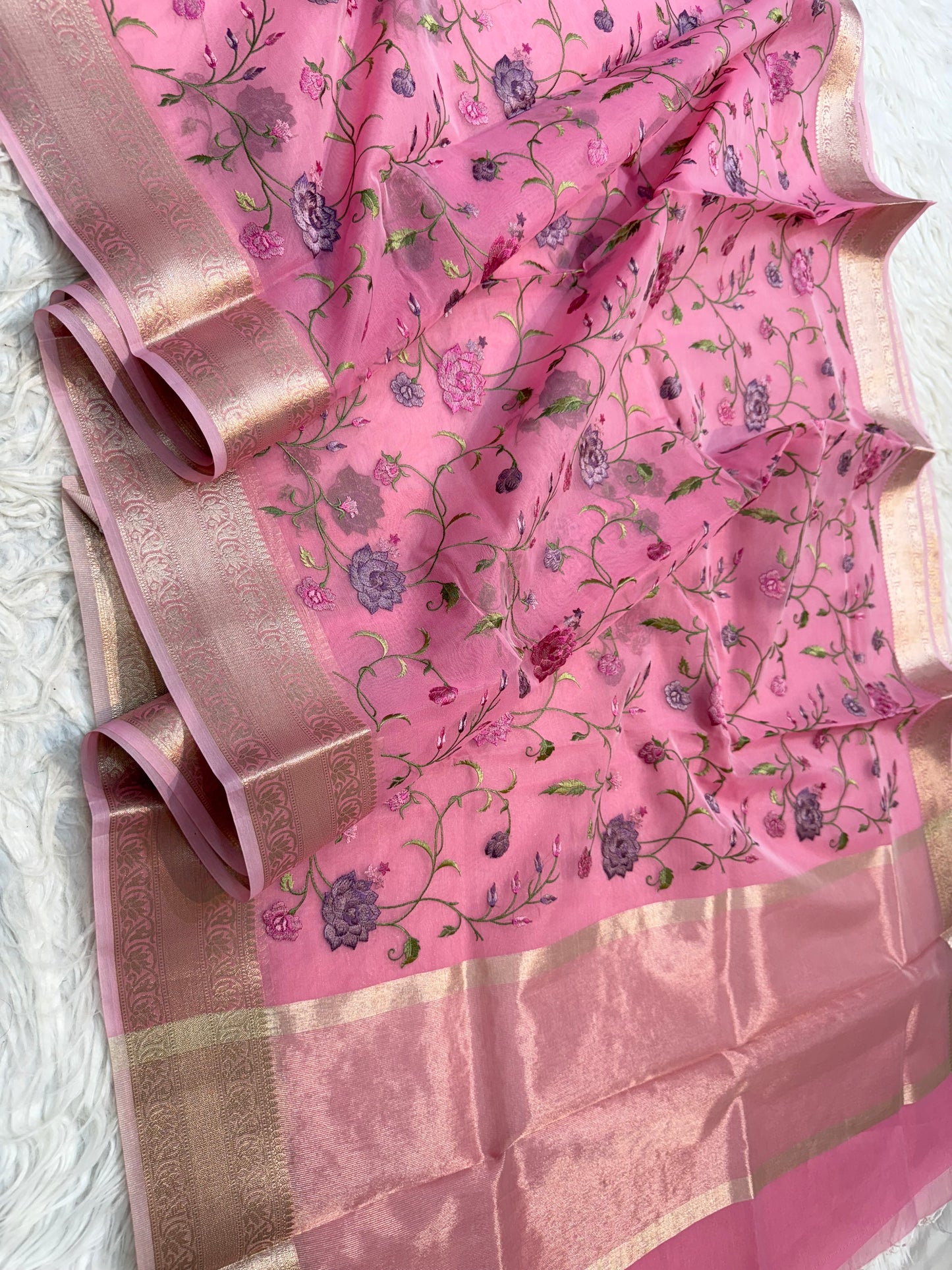 Pink shade organza embroidery Banarasi saree