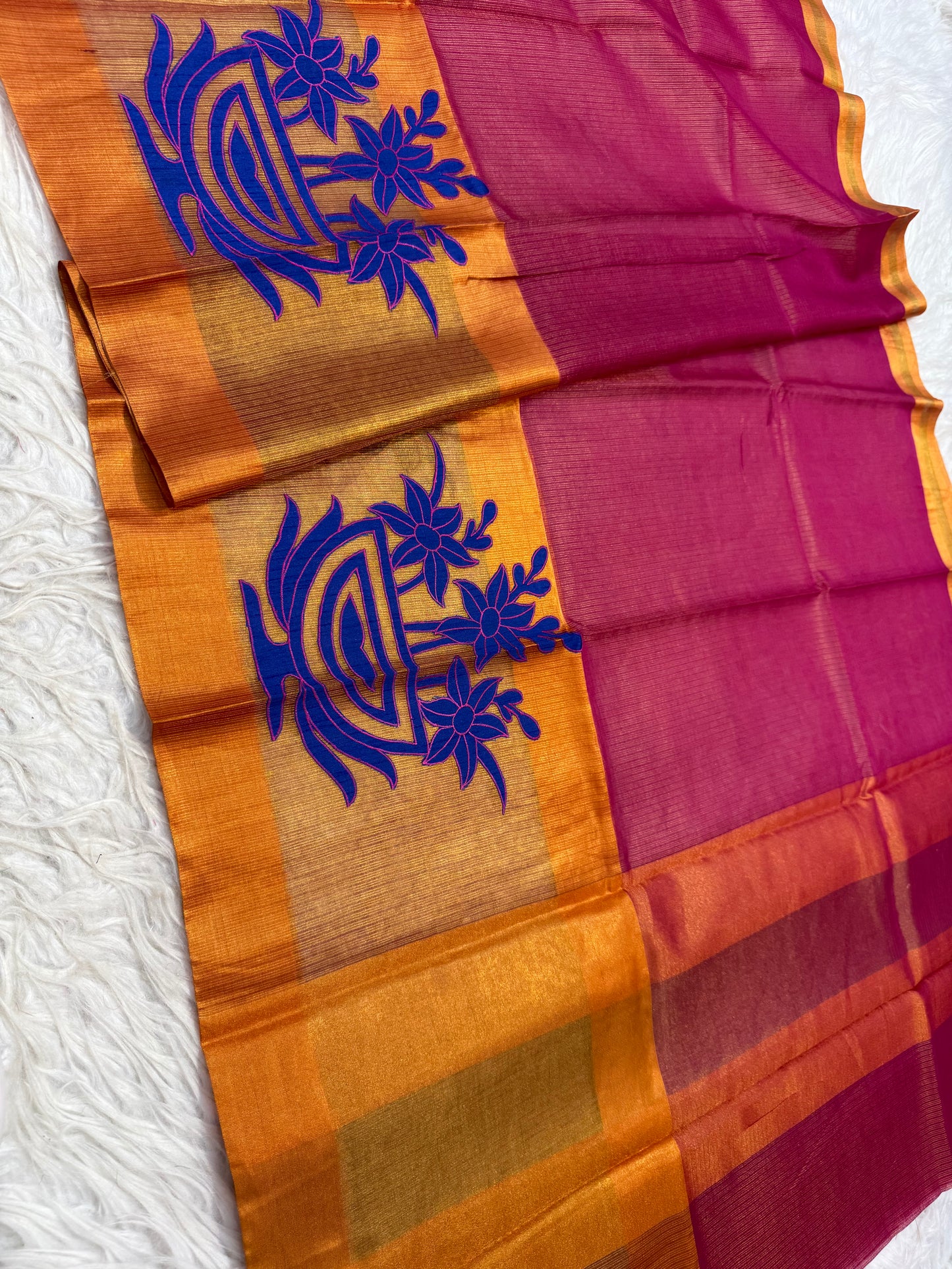 Royal pink bronze shade tissue appliqué work primum Banarasi saree