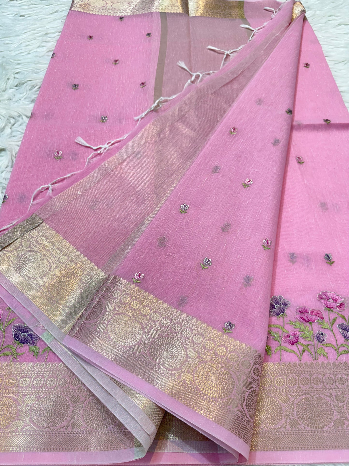 Pink green shade linen embroidery Banarasi saree