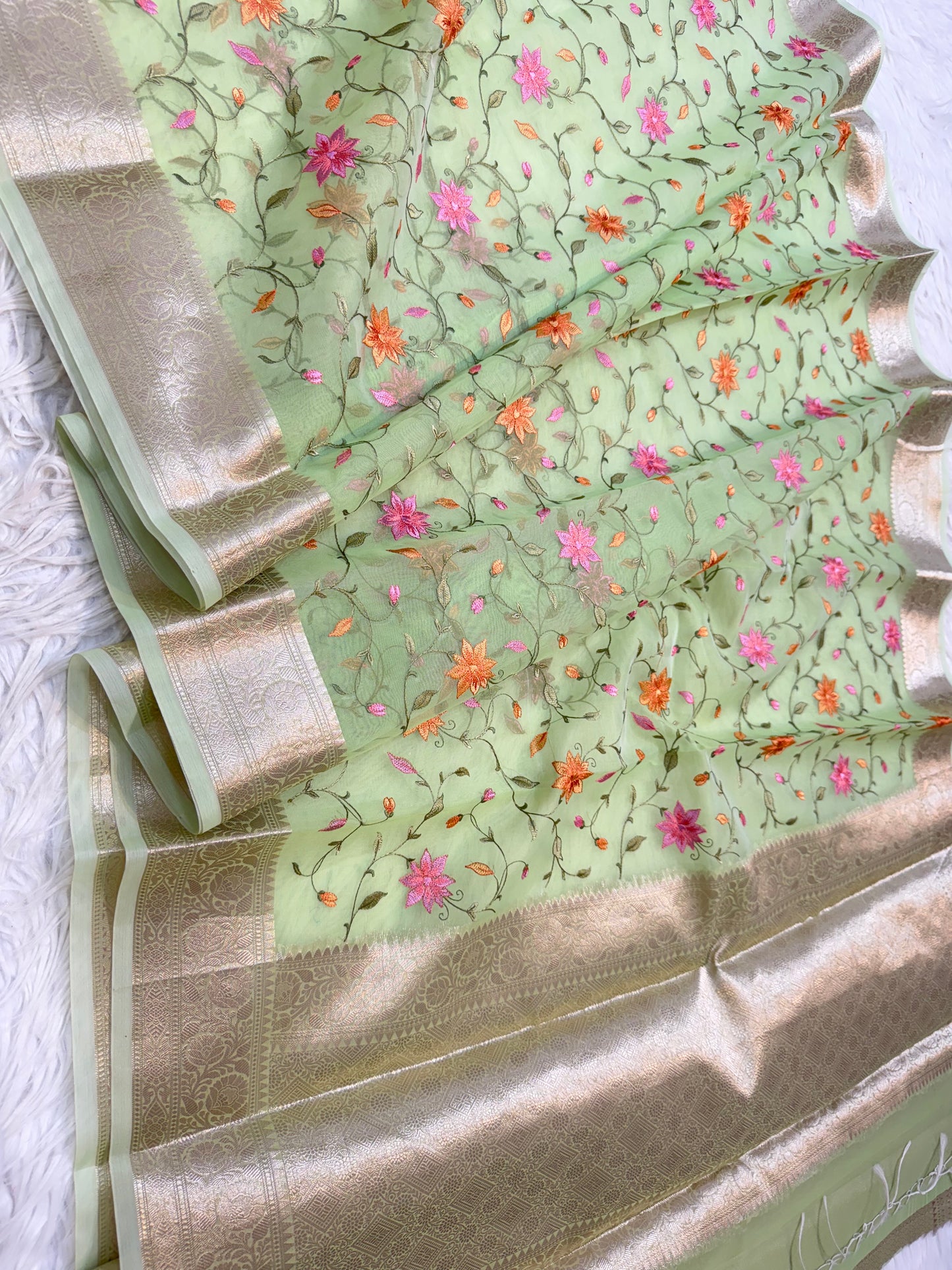 Pista green shade kora organza embroidery Banarasi saree