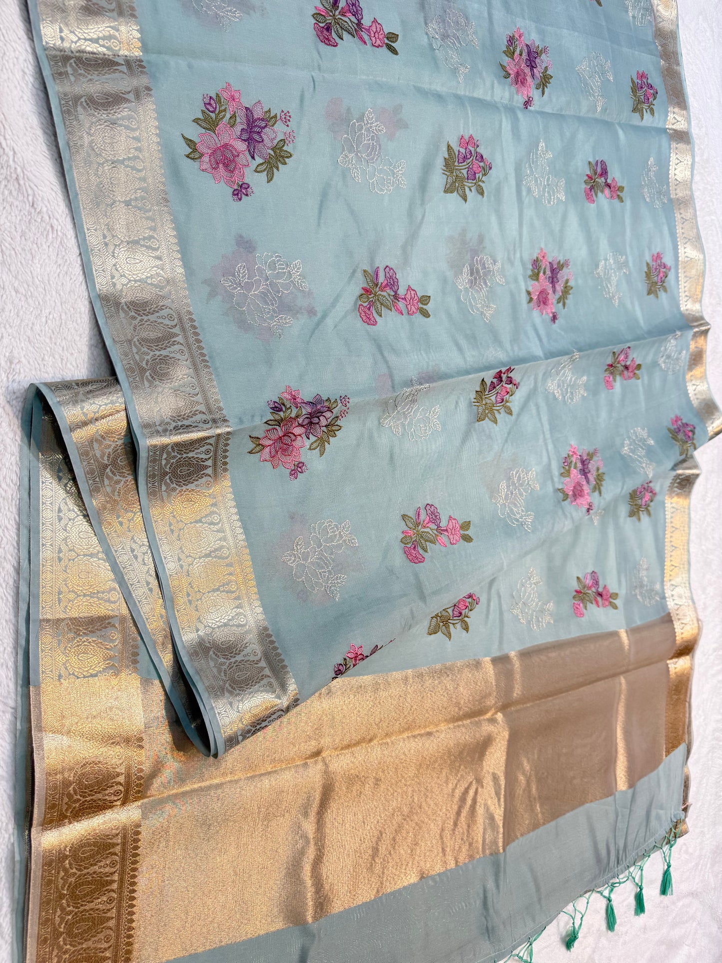 Firozi shade soft silk designer premium embroidery Banarasi saree
