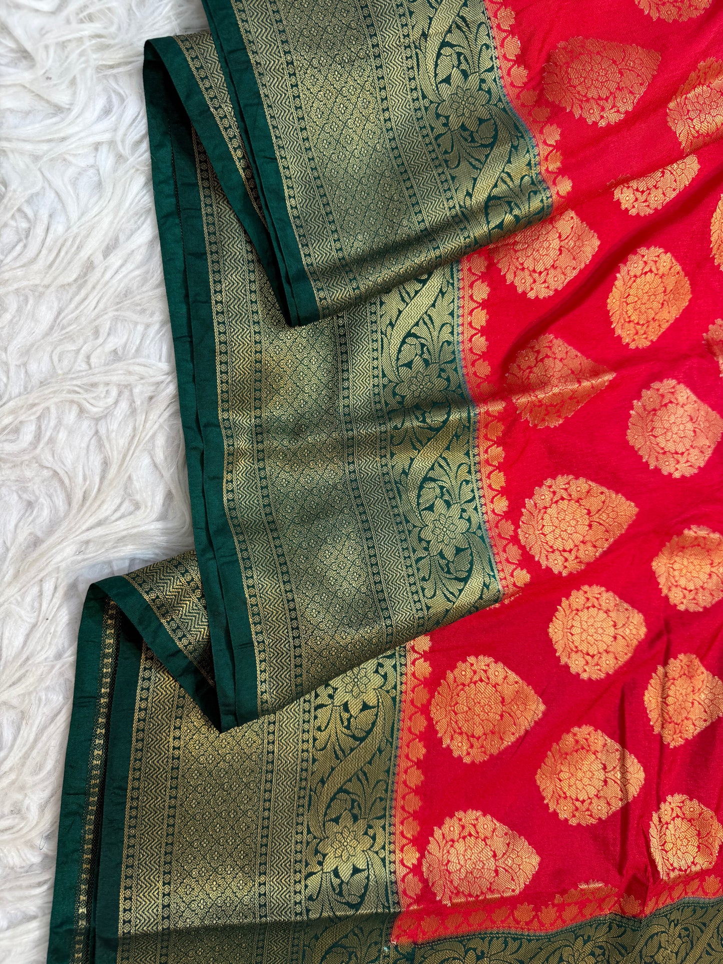 Red & bottle green shade Dupion Silk Banarasi Saree