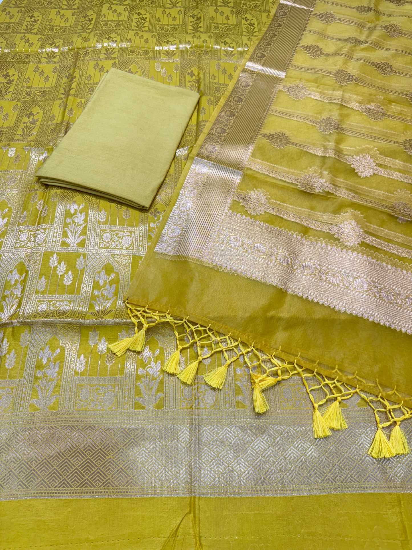 Safety yellow Raw Mango with organza dupatta Three Piece Banarasi Suit