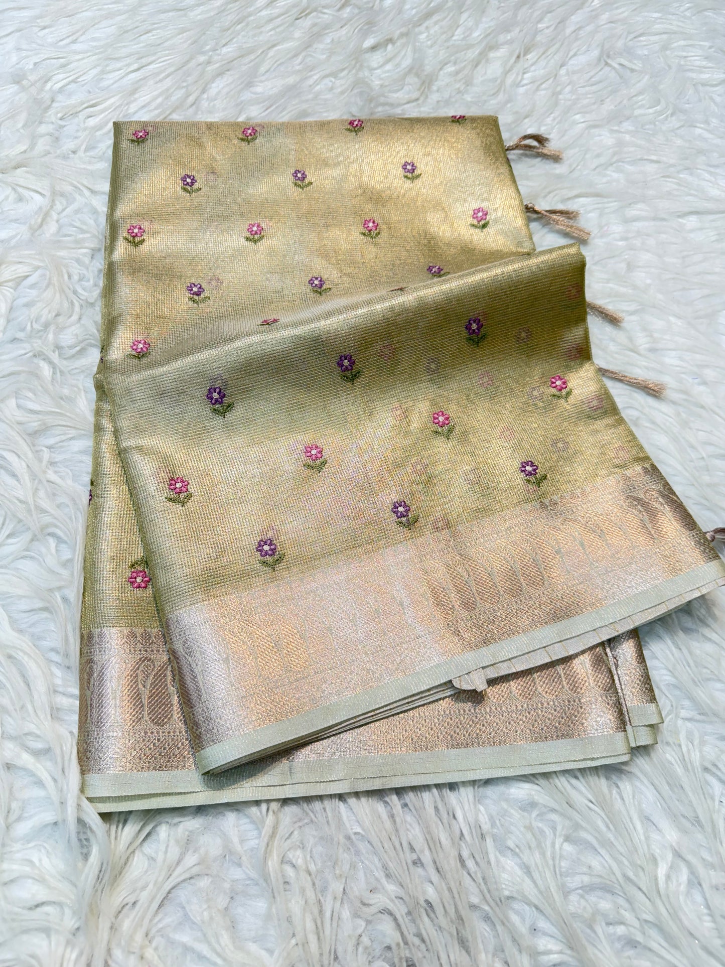 Pista green shade tissue kota embroidery primum Banarasi saree