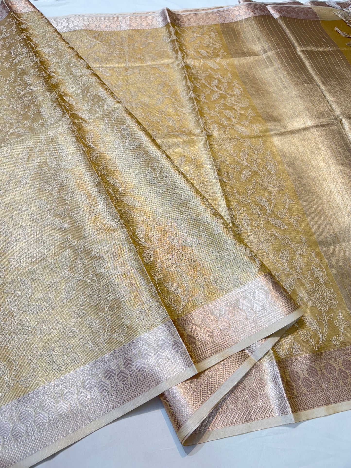 Gold shade tissue kota embroidery primum Banarasi saree