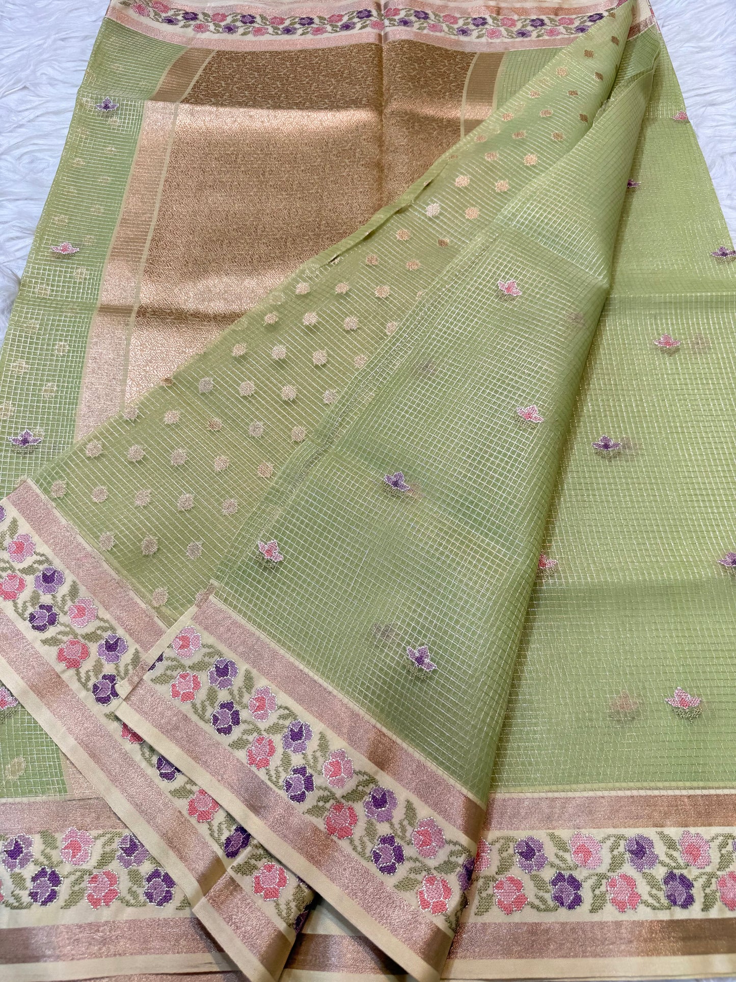 Pista green shade kora organza embroidery Banarasi saree