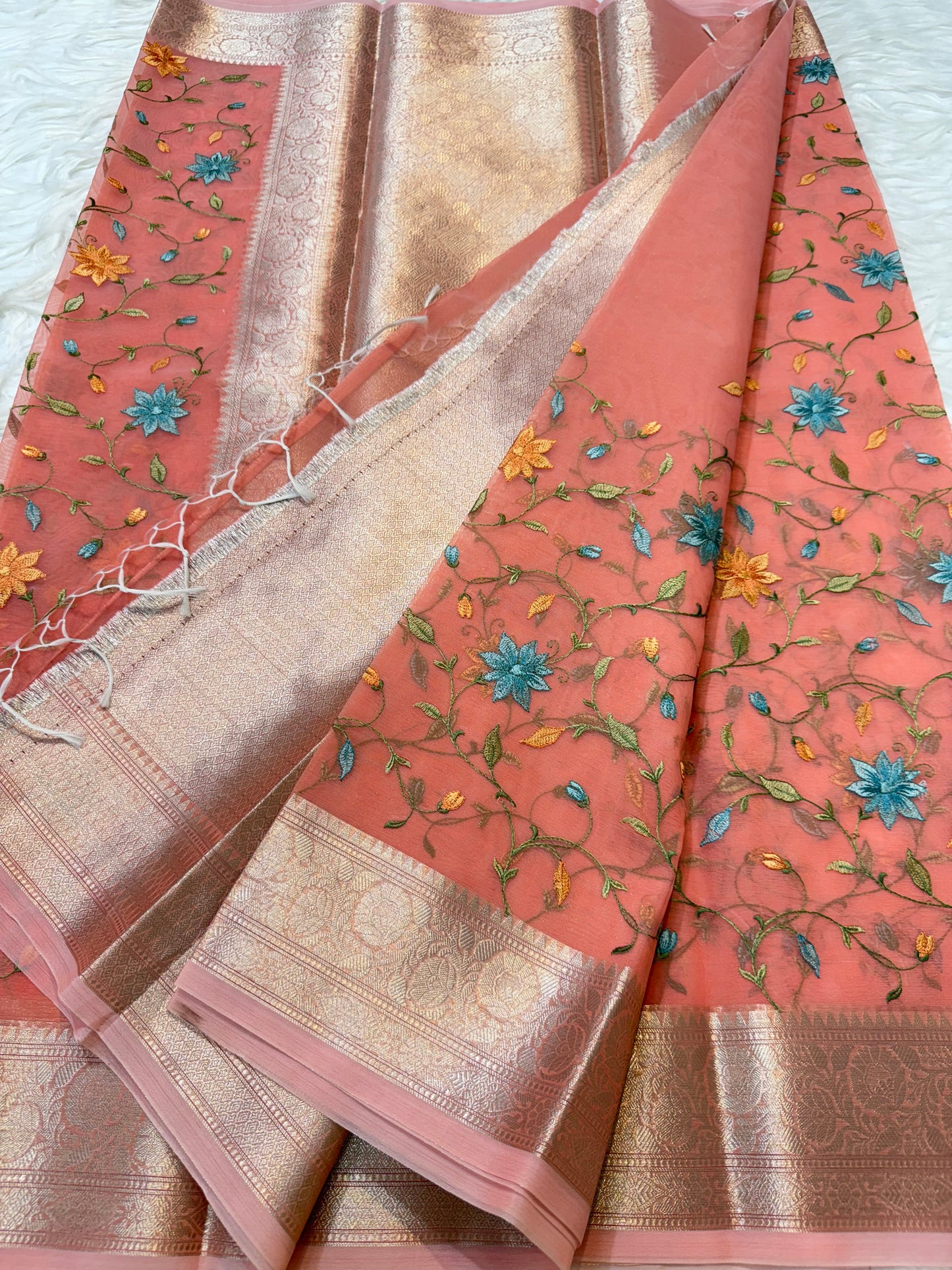 Peach shade kora organza embroidery Banarasi saree