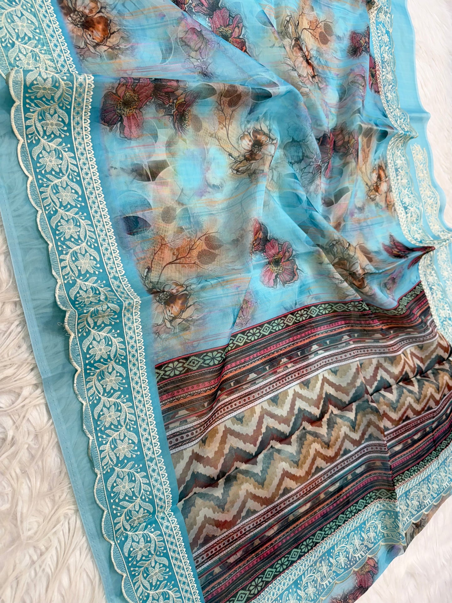 Sky blue shade kora organza digital print embroidery Banarasi saree