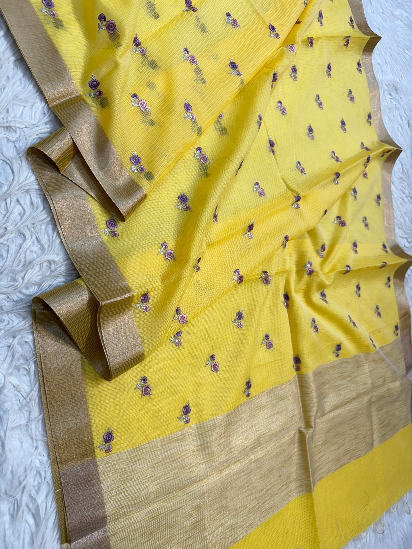 Yellow shade cotton kota embroidery Banarasi saree